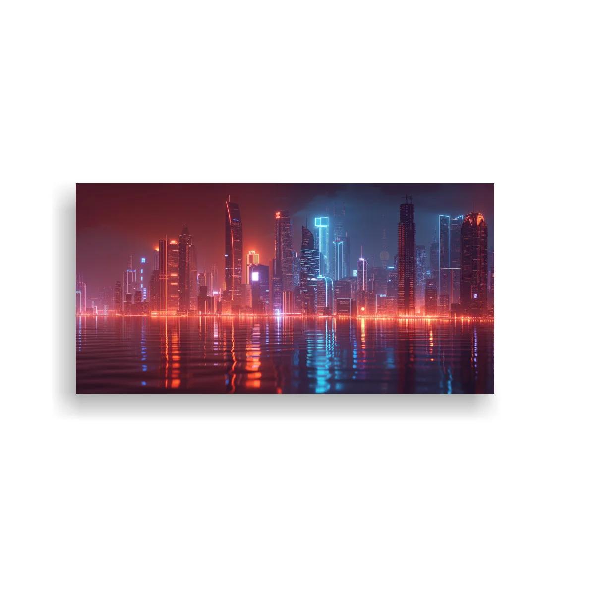 Cuadro skyline urbano neón con reflejo sobre el agua — imagen principal