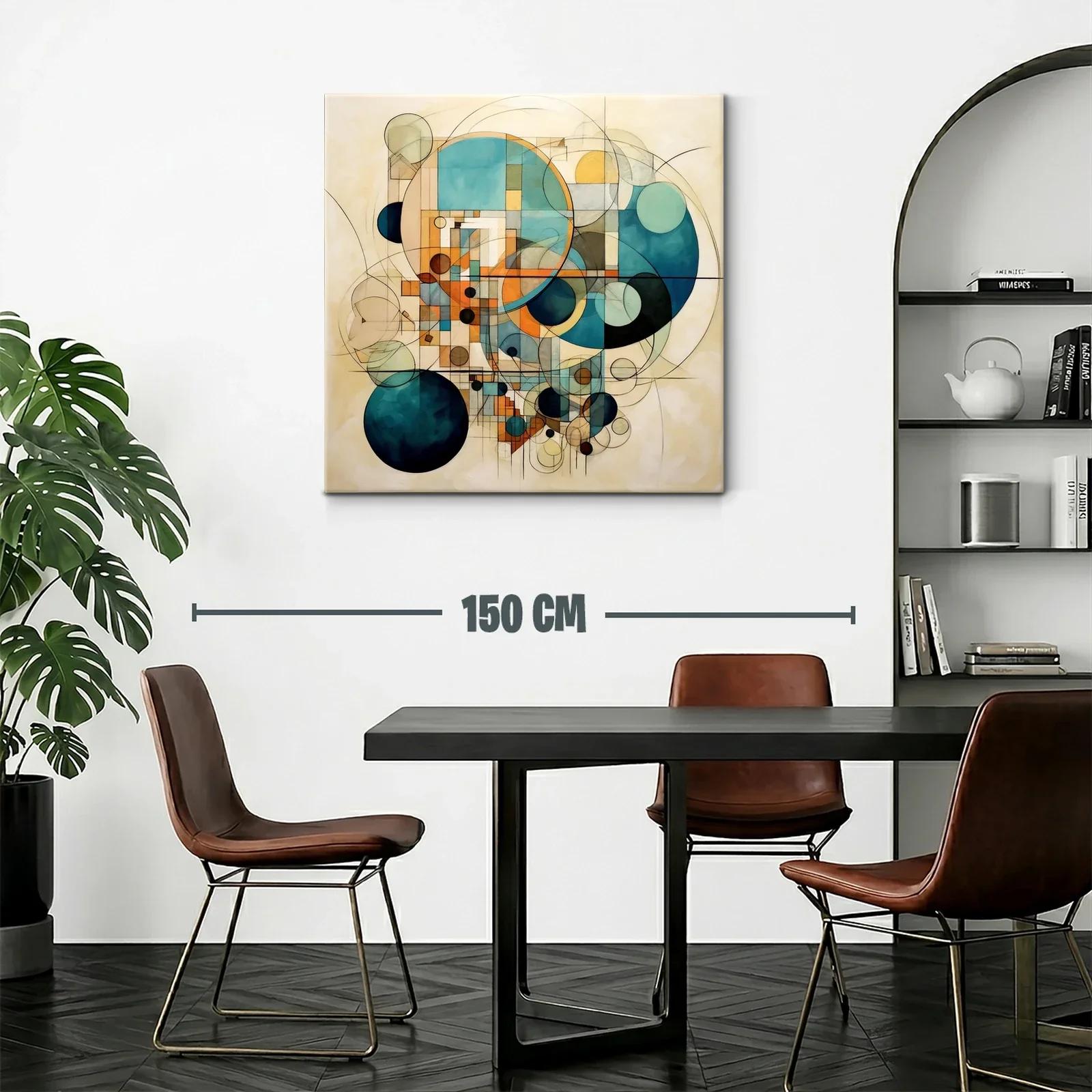 Cuadro abstracto de círculos geométricos en tonos azules y ocres — miniatura 2