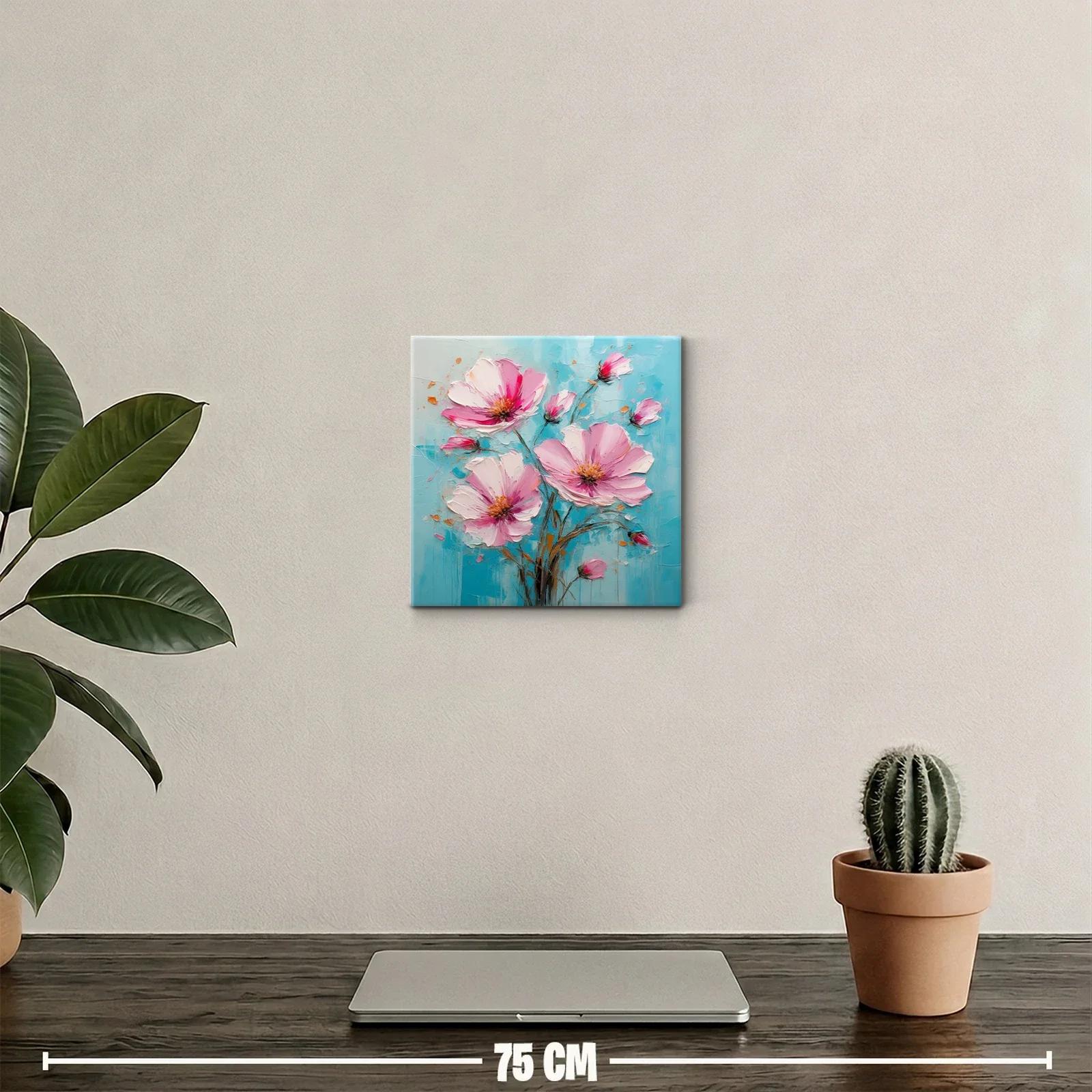 Cuadro flores rosas sobre fondo azul vibrante y texturizado — miniatura 2
