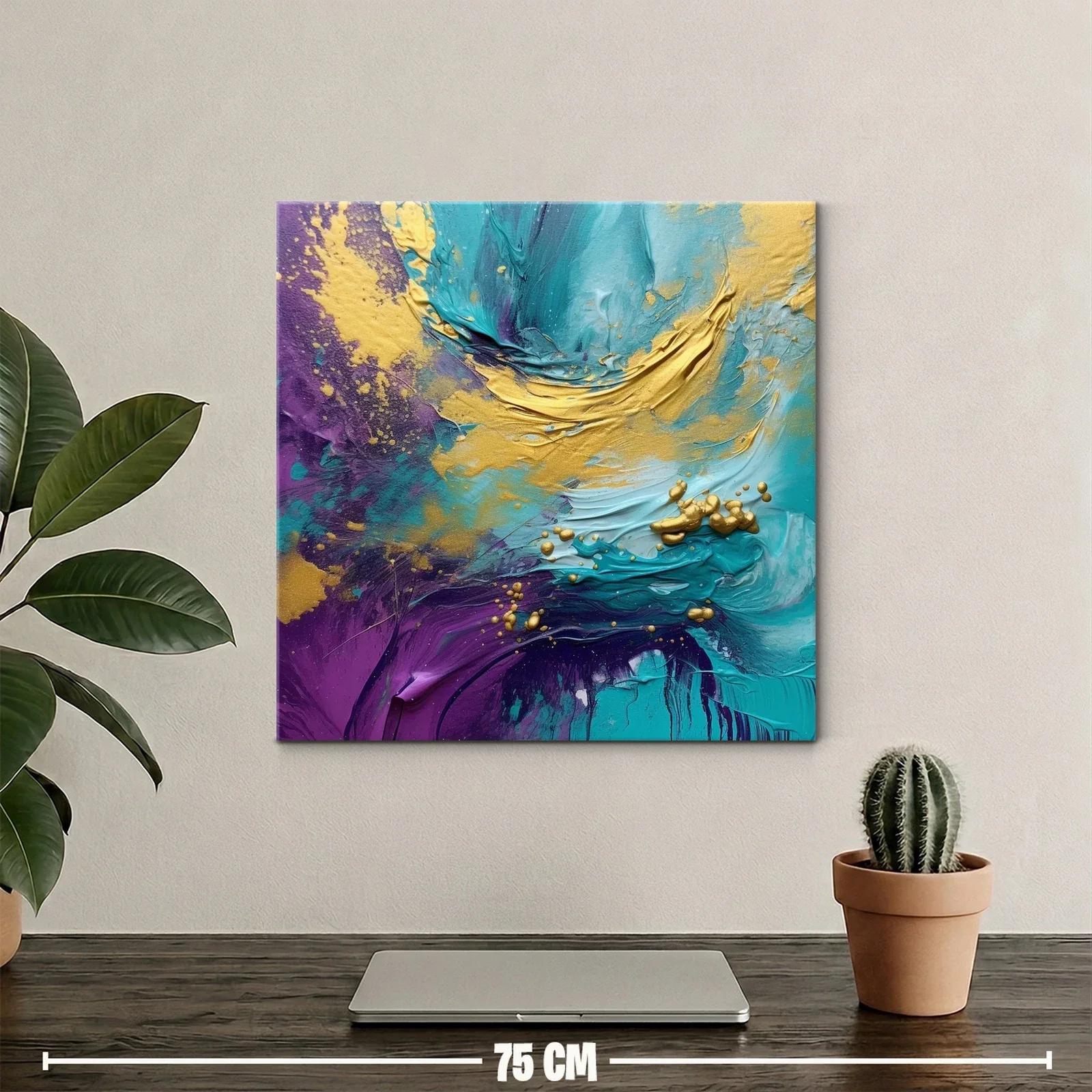 Cuadro abstracto vibrante en tonos turquesa y dorado — miniatura 2