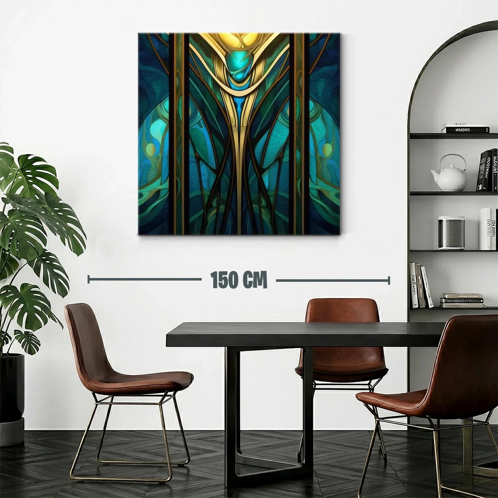 Cuadro abstracto con motivos dorados y turquesas vibrantes — miniatura 2