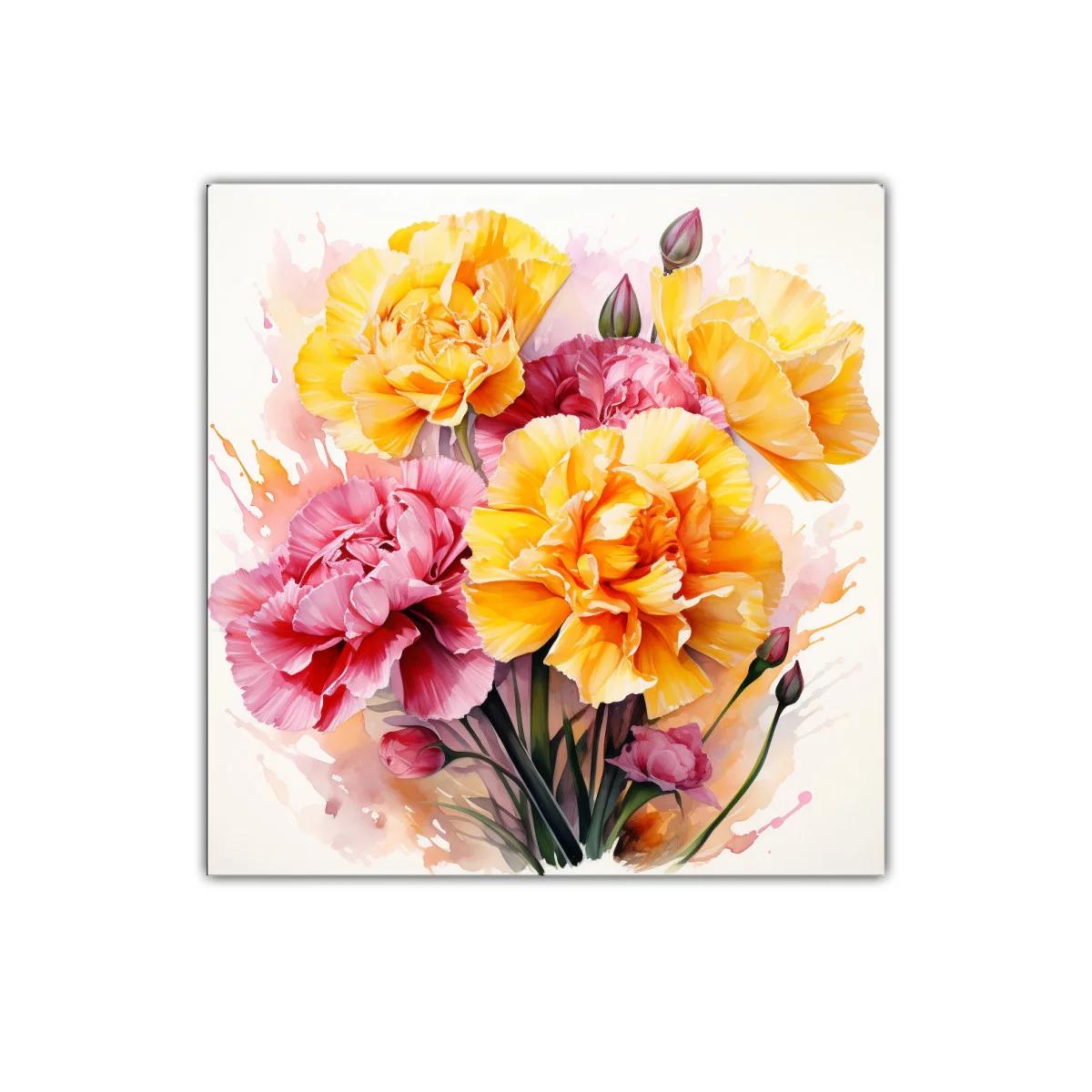 Cuadro floral vibrante con claveles en tonos amarillos y rosas