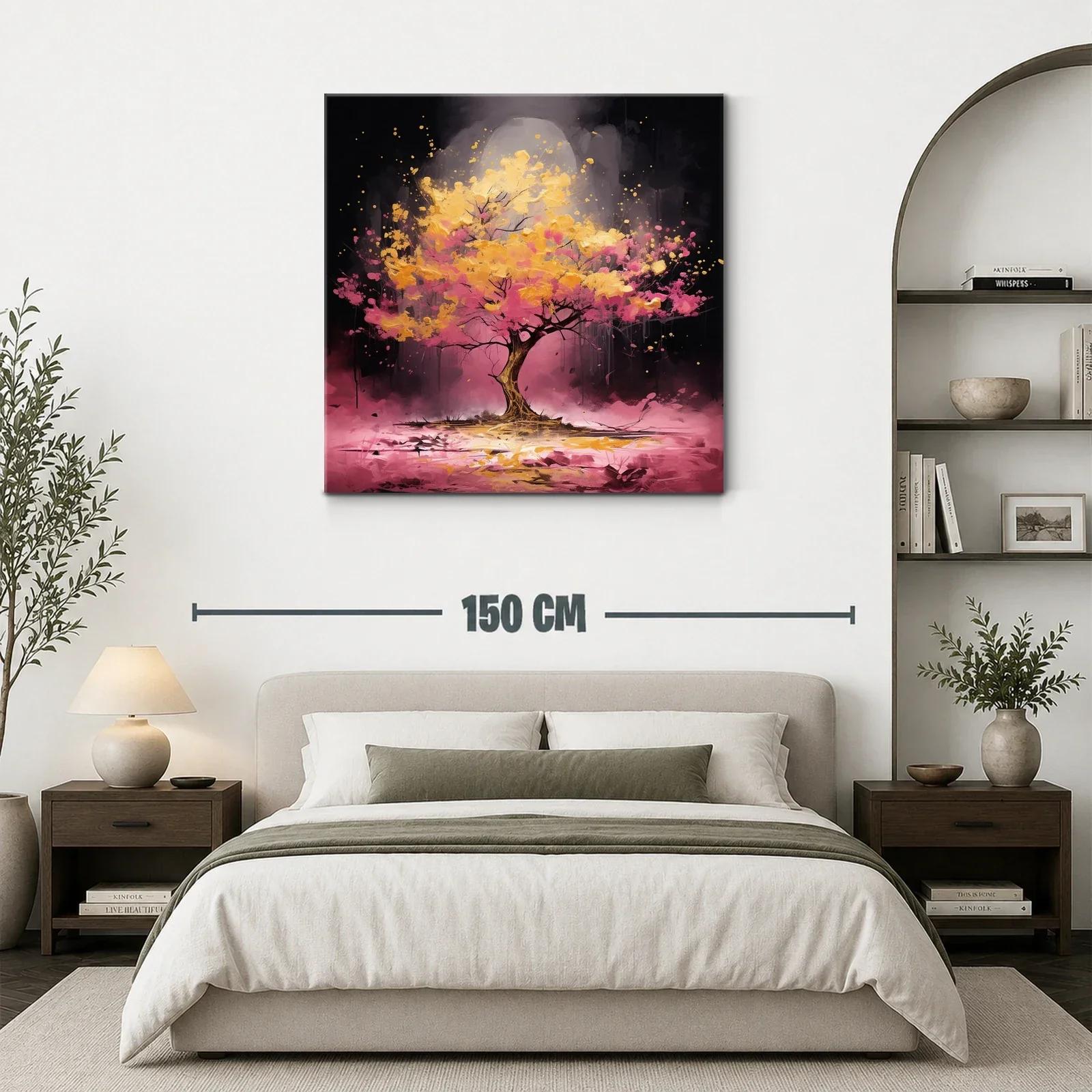 Árbol vibrante con tonos dorados y rosas en fondo oscuro — miniatura 3