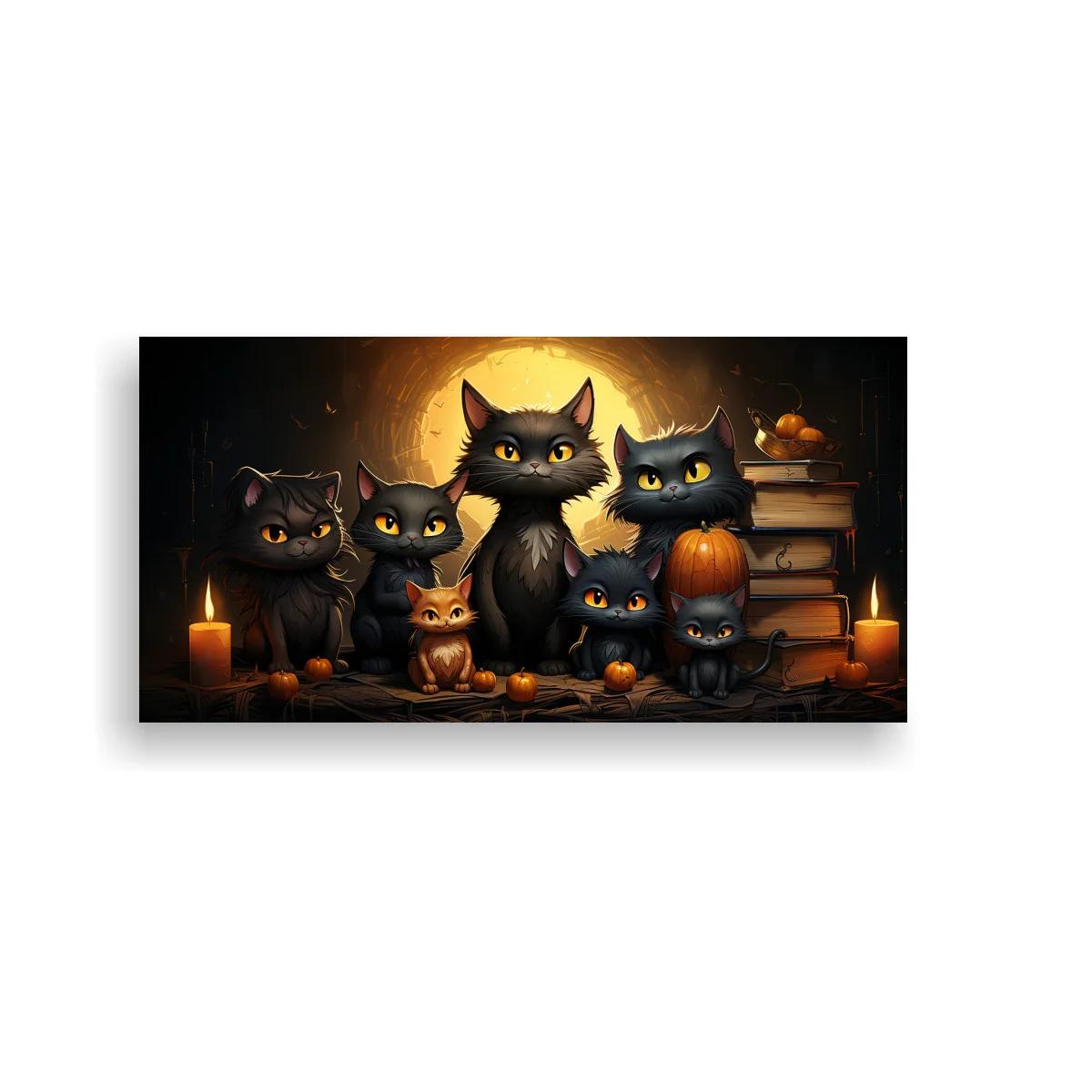 Cuadro familia de gatos negros con gatito naranja y velas — imagen principal