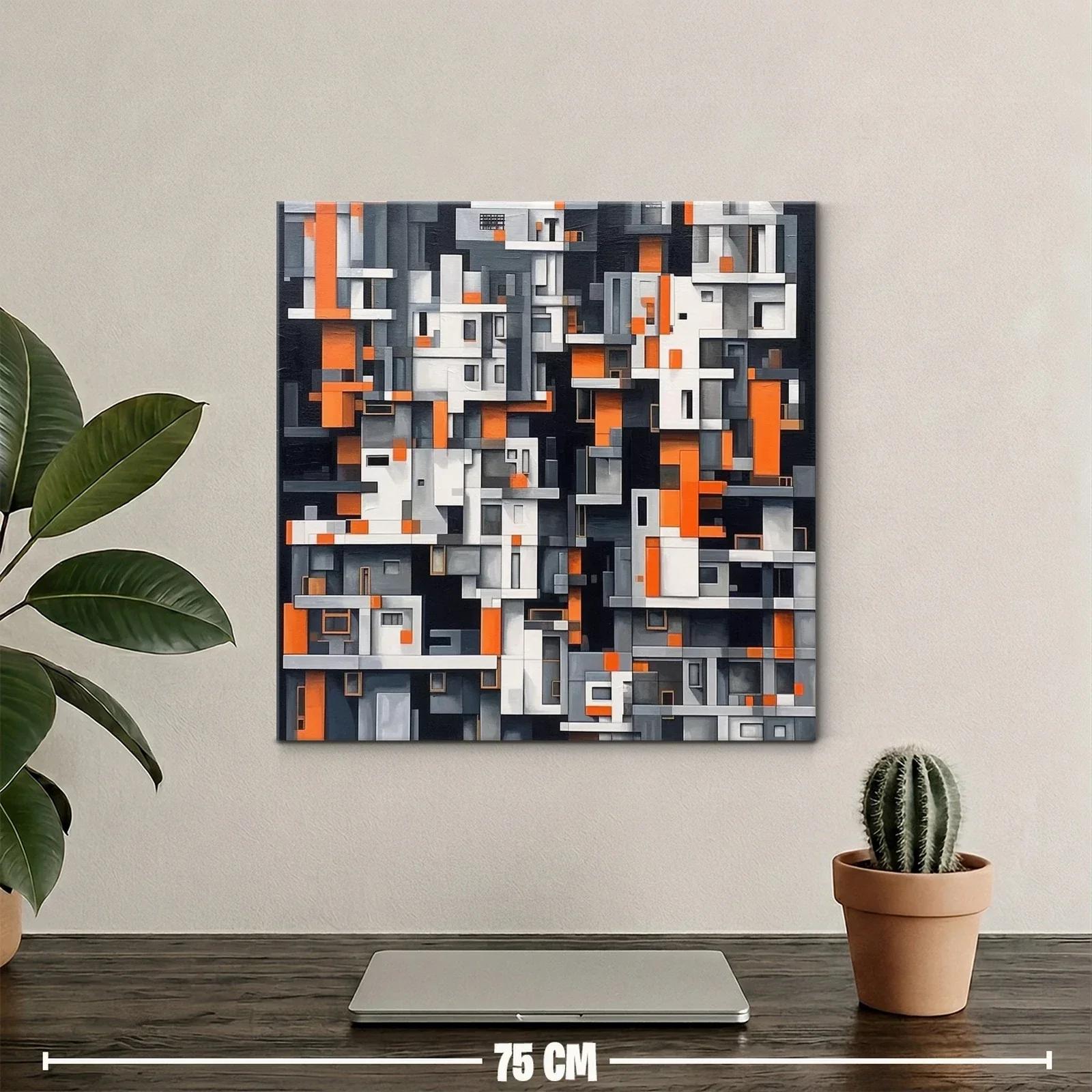 Cuadro abstracto con diseño geométrico en tonos naranja y gris — miniatura 2