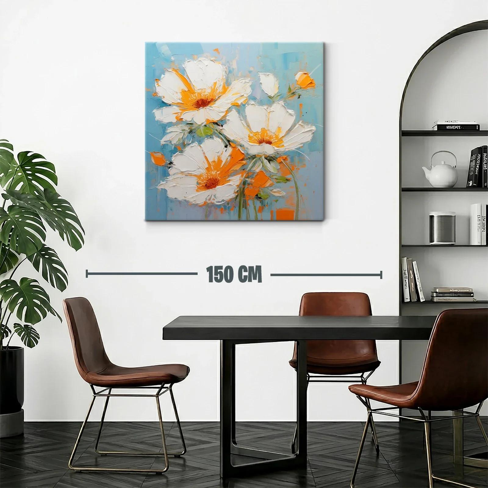 Cuadro con flores blancas y detalles naranjas sobre fondo azul — miniatura 2