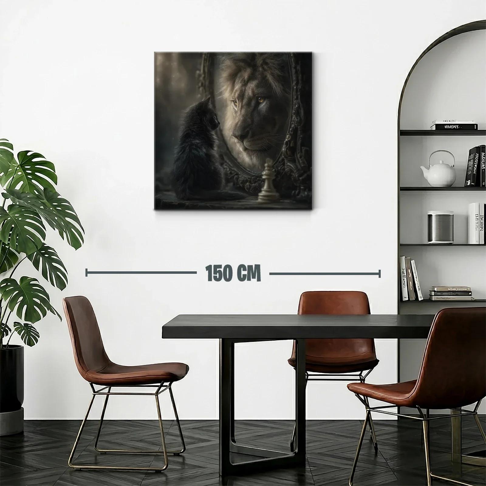 Gato negro mirando león en espejo con ajedrez artístico — miniatura 2