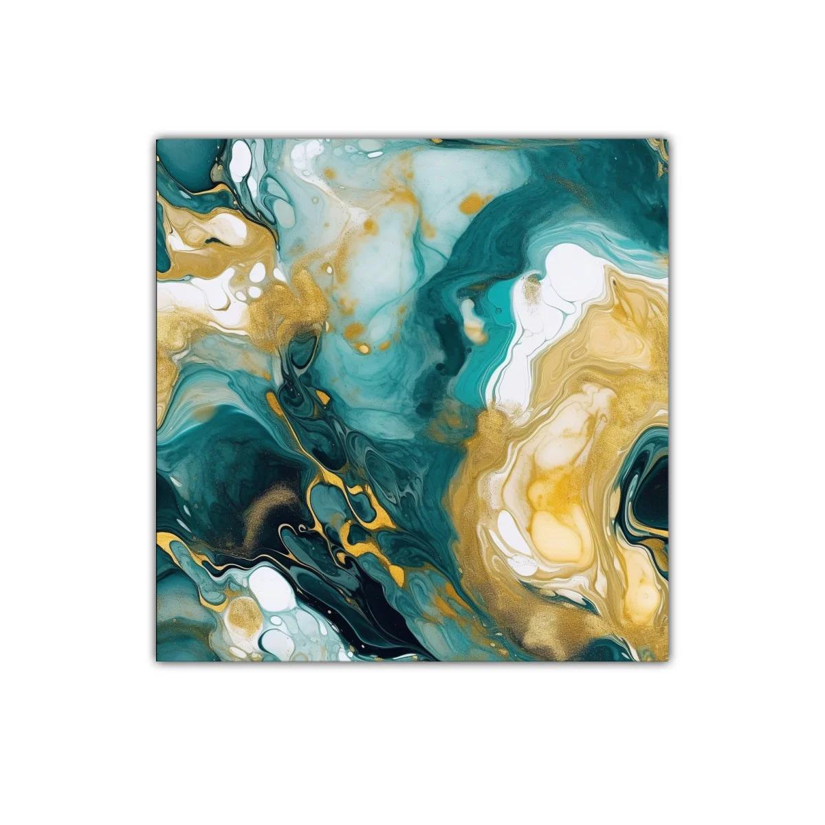 Cuadro Abstracto con Tonos Turquesa y Dorados para Decorar — miniatura 1