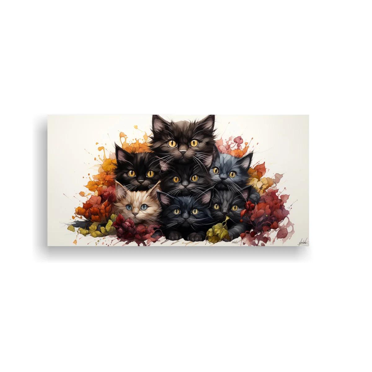Cuadro grupo de gatos negros y un gato crema entre flores — imagen principal
