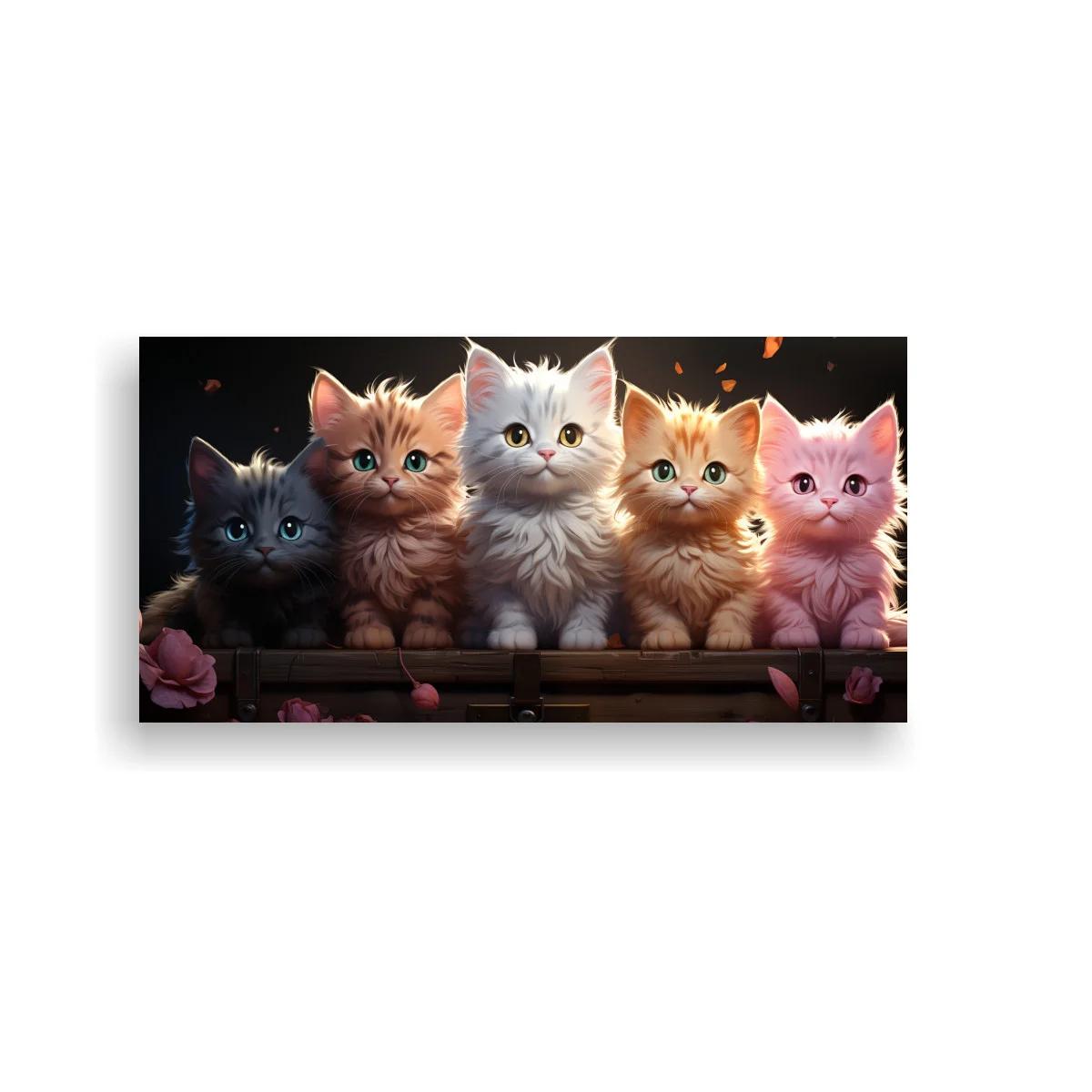 Cuadro cinco gatitos peludos sobre madera — imagen principal