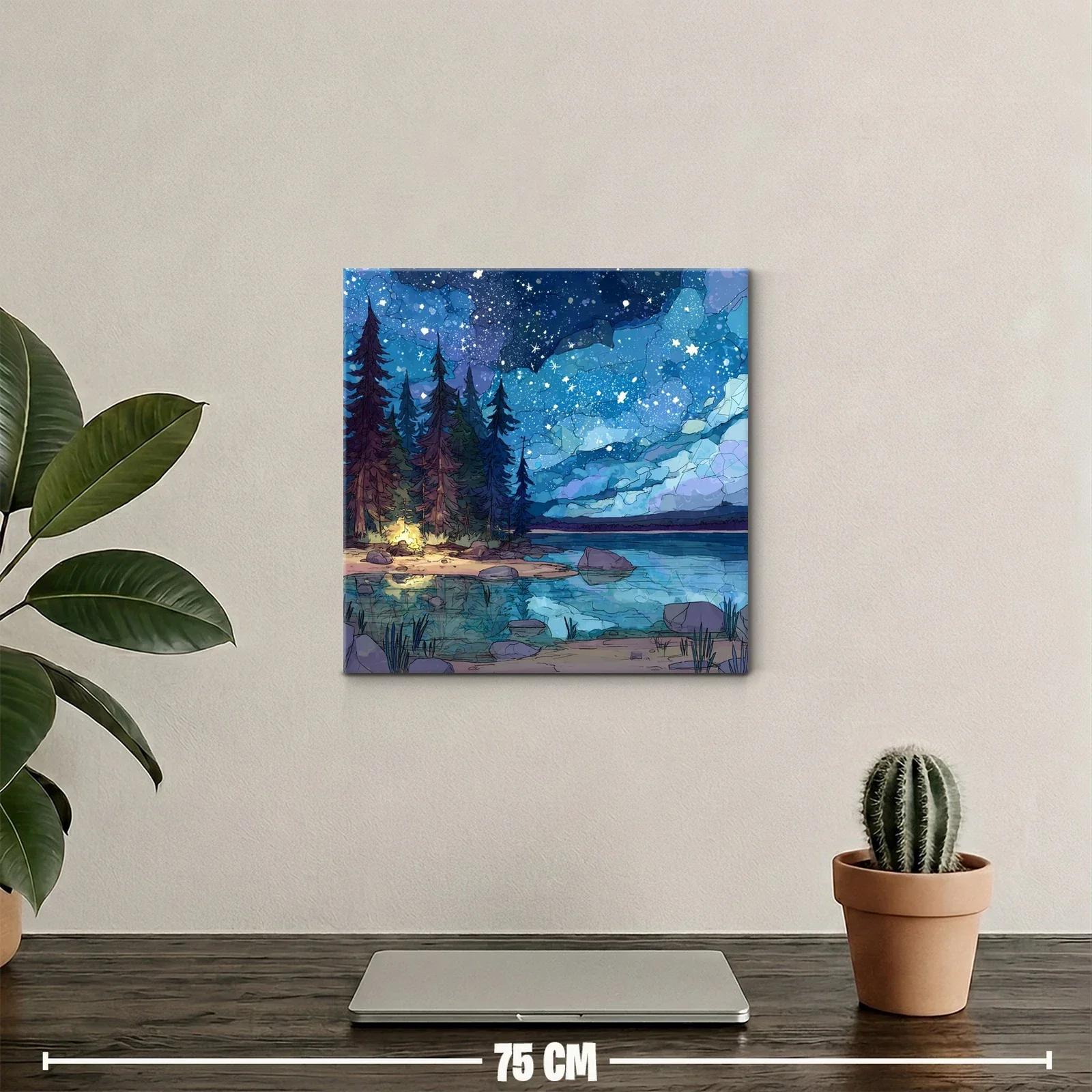 Paisaje nocturno estrellado con lago y bosque encantado — miniatura 2