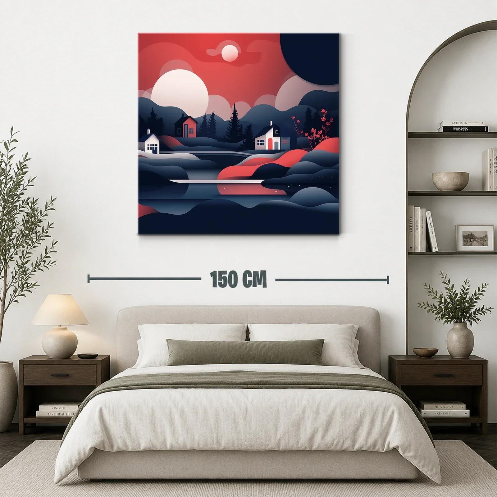 Paisaje nocturno con casas y montañas en tonos rojos y azules — miniatura 3