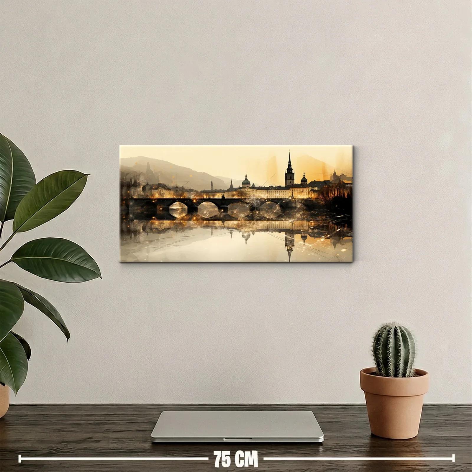 Cuadro skyline urbano con puente de piedra y reflejo en el agua — miniatura 2