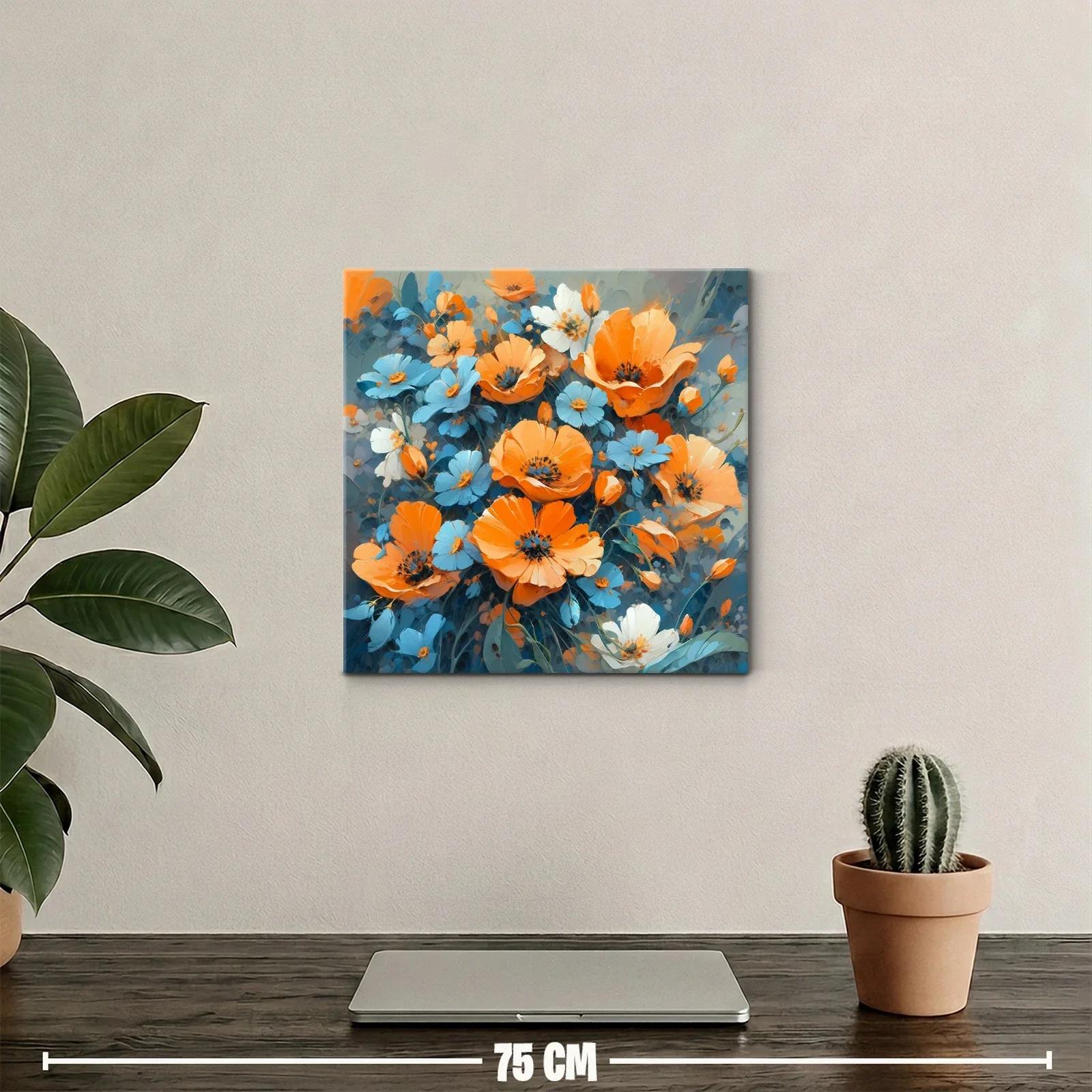 Cuadro floral vibrante en tonos naranja y azul — miniatura 2