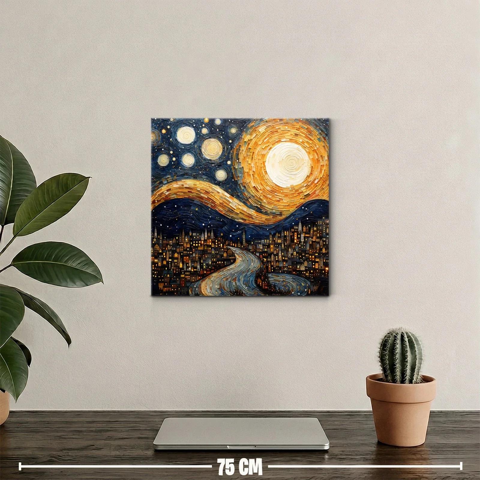Paisaje nocturno con luna y estrellas sobre ciudad iluminada — miniatura 2