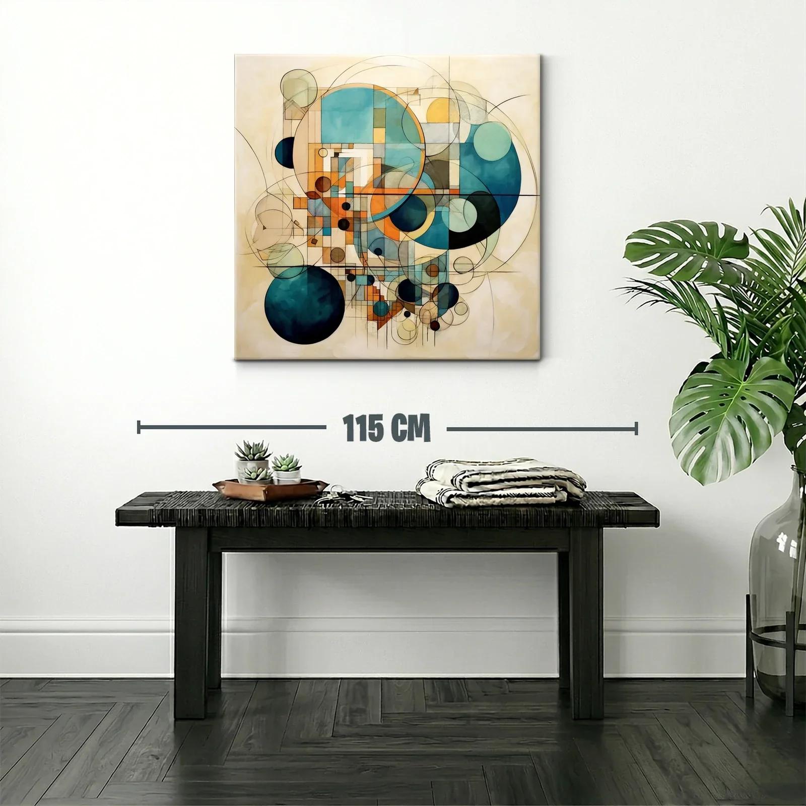 Cuadro abstracto de círculos geométricos en tonos azules y ocres — miniatura 2