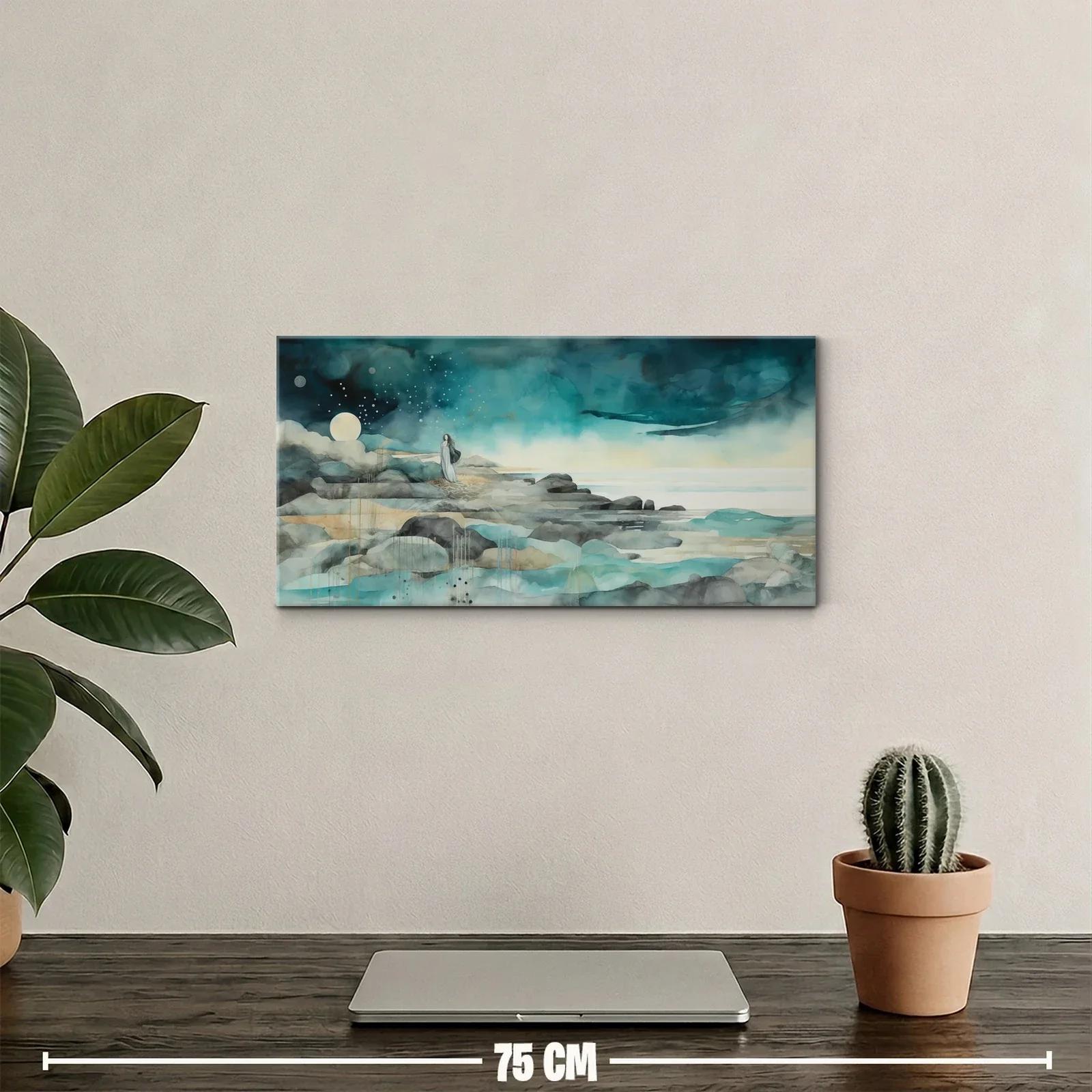 Cuadro figura solitaria en costa rocosa con horizonte plateado — miniatura 2
