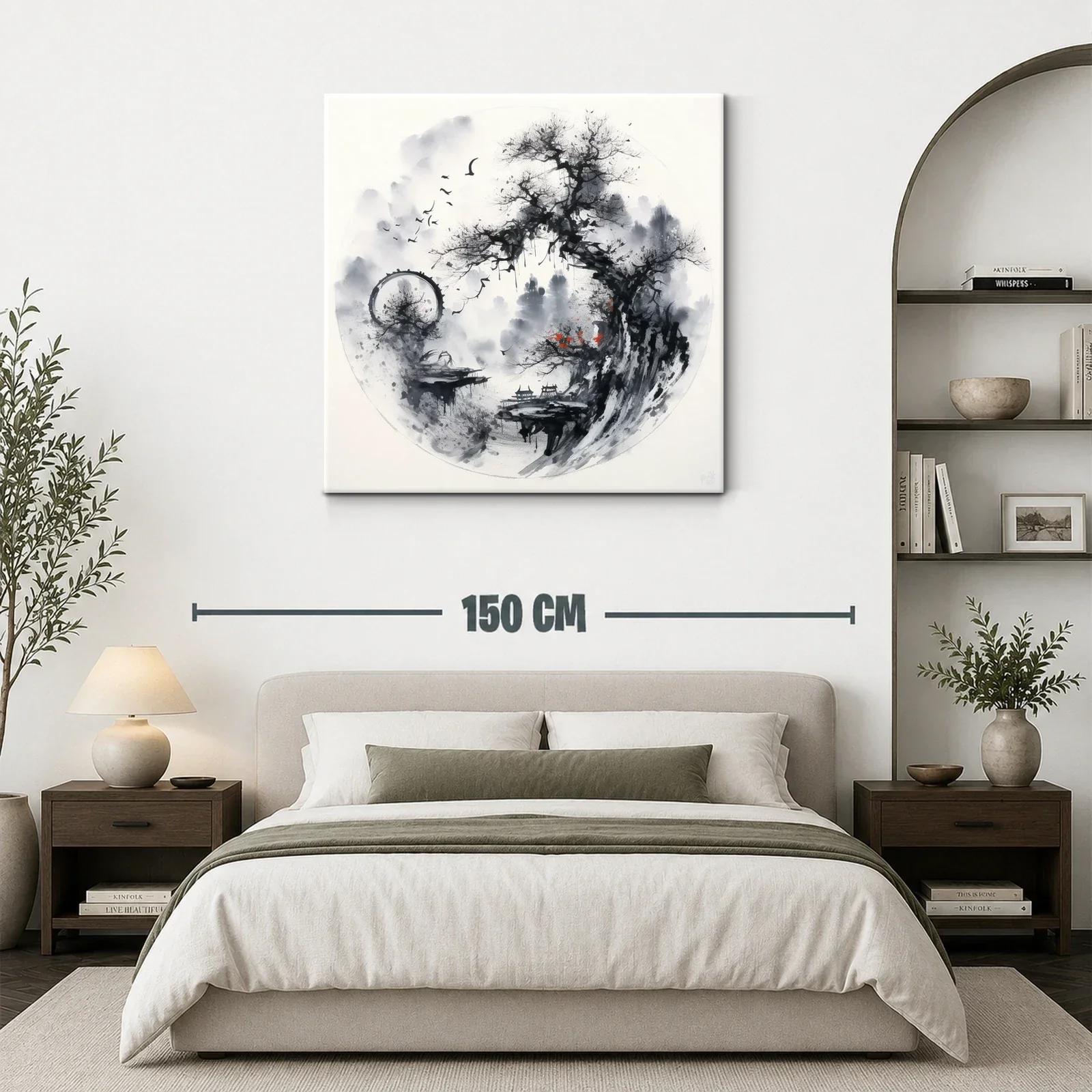 Paisaje asiático con árbol y aves en tonos monocromos — miniatura 3