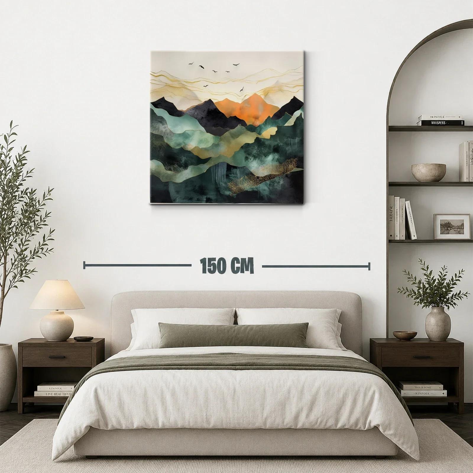Paisaje abstracto con montañas y aves en tonos cálidos — miniatura 3