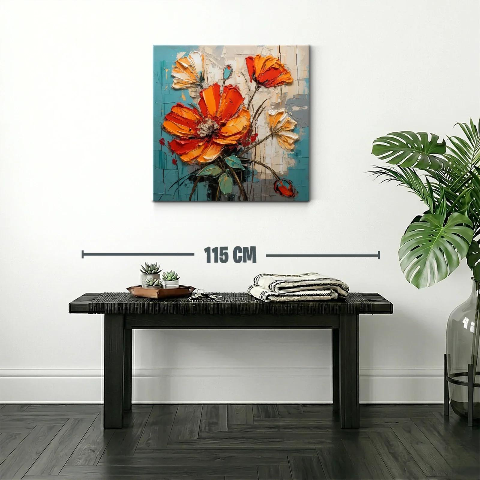Cuadro floral con vibrantes tonos naranja y turquesa — miniatura 2