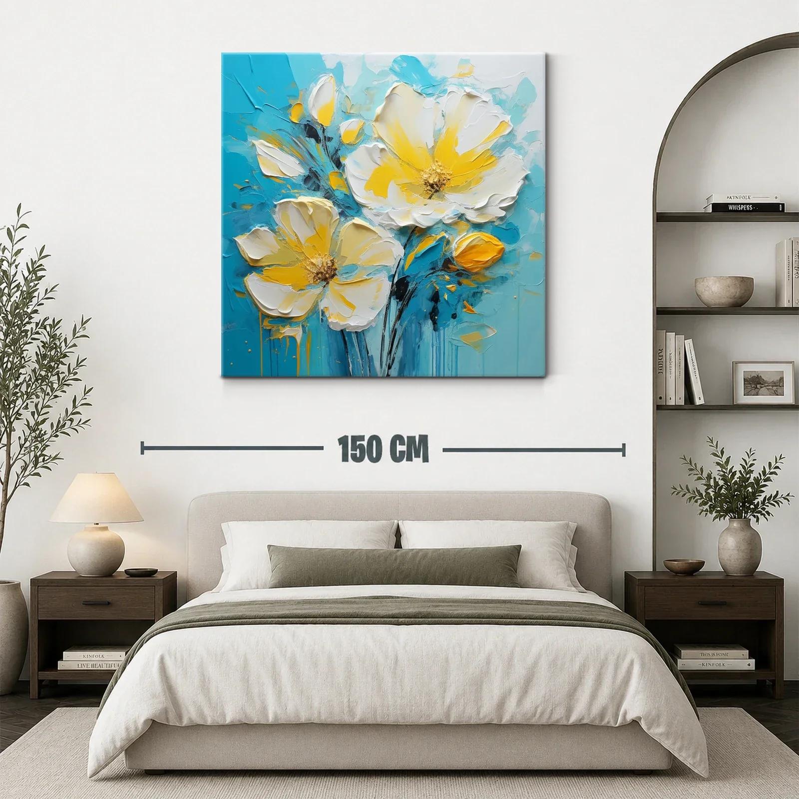 Cuadro floral en tonos amarillos y azul turquesa vibrante — miniatura 3
