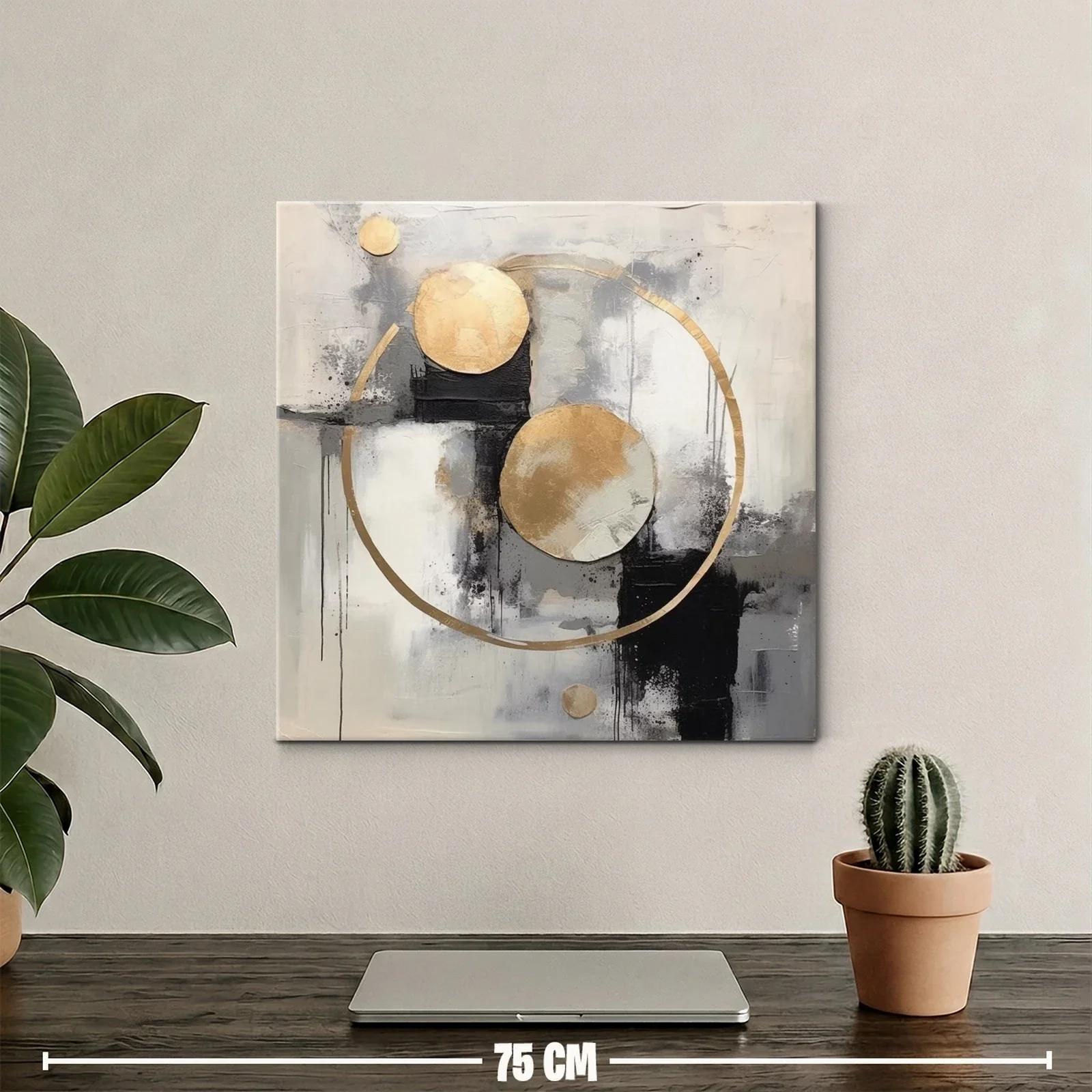 Cuadro abstracto con círculos dorados y tonos neutros — miniatura 2