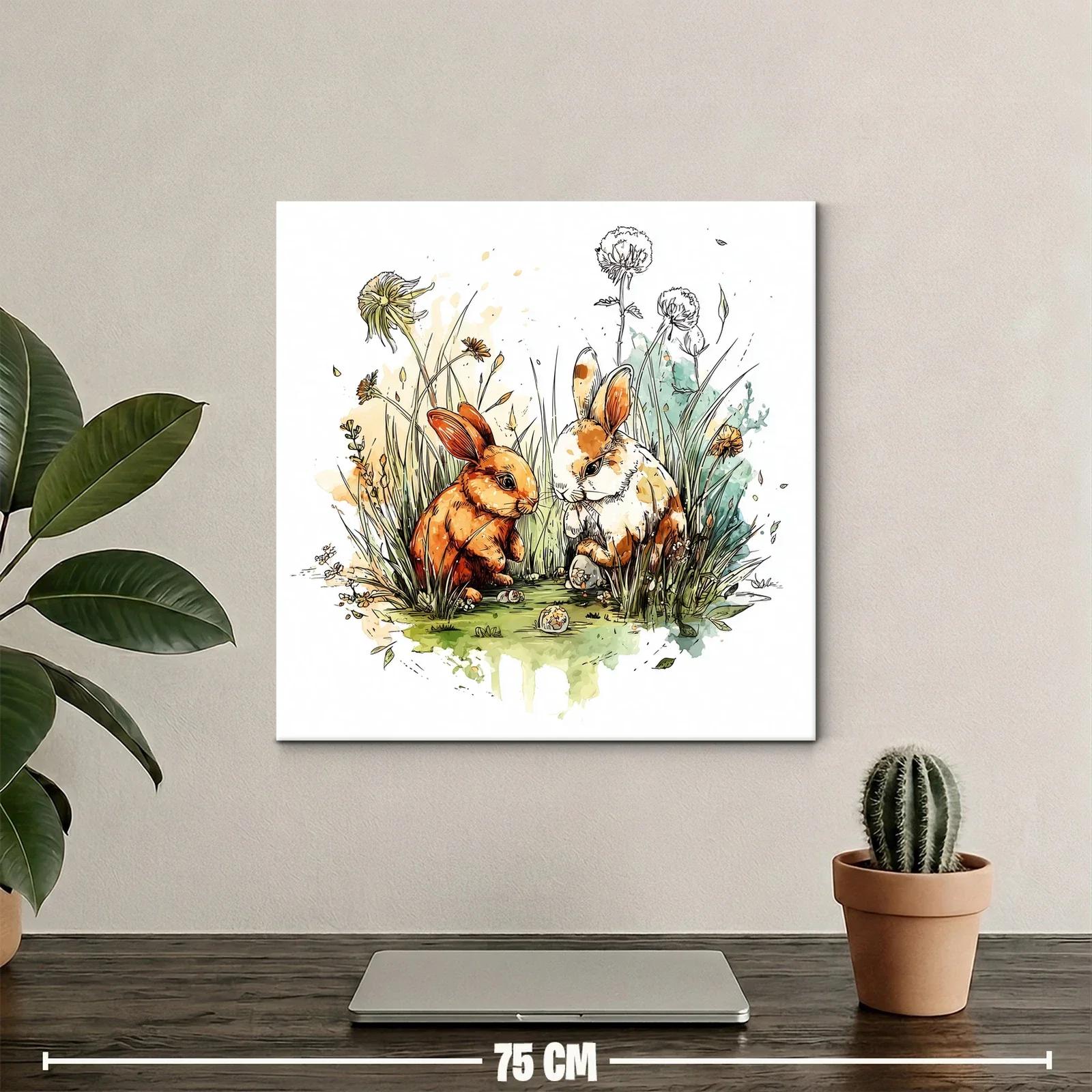 Dúo de conejos rodeados de flores y hierba fresca — miniatura 2