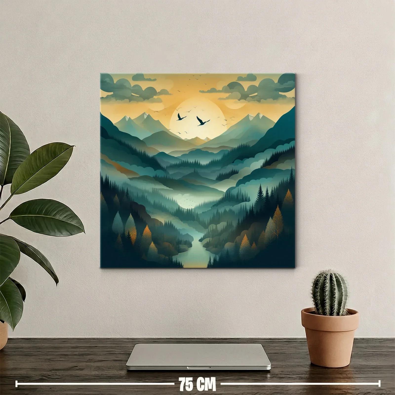 Paisaje de montañas con amanecer y vuelo de aves — miniatura 2