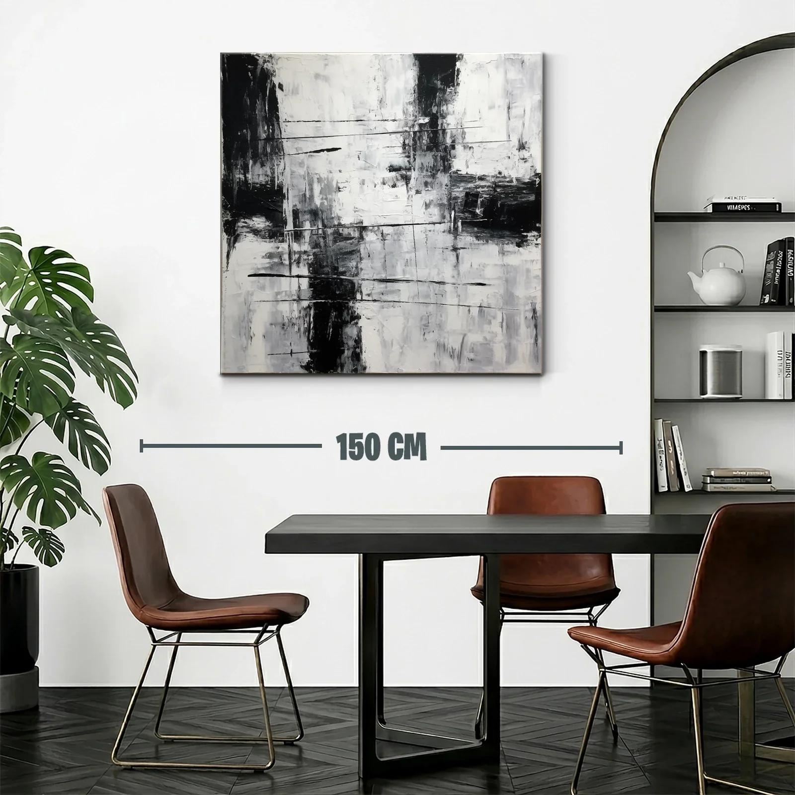 Cuadro abstracto en blanco y negro con textura y líneas dinámicas — miniatura 2