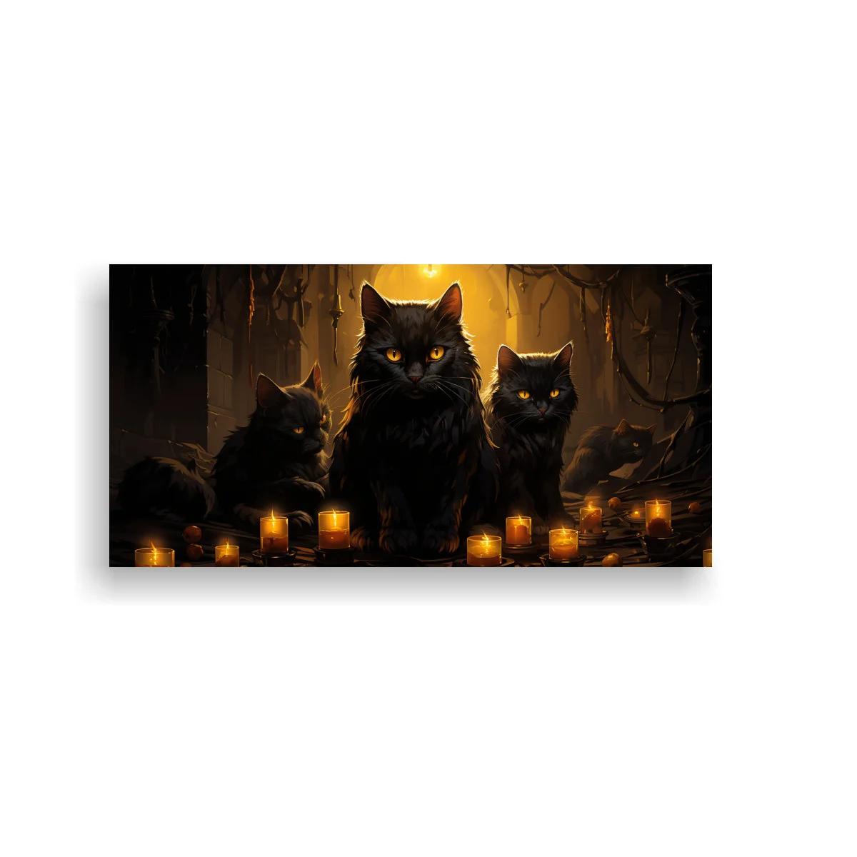 Cuadro tres gatos negros iluminados por un resplandor cálido — imagen principal