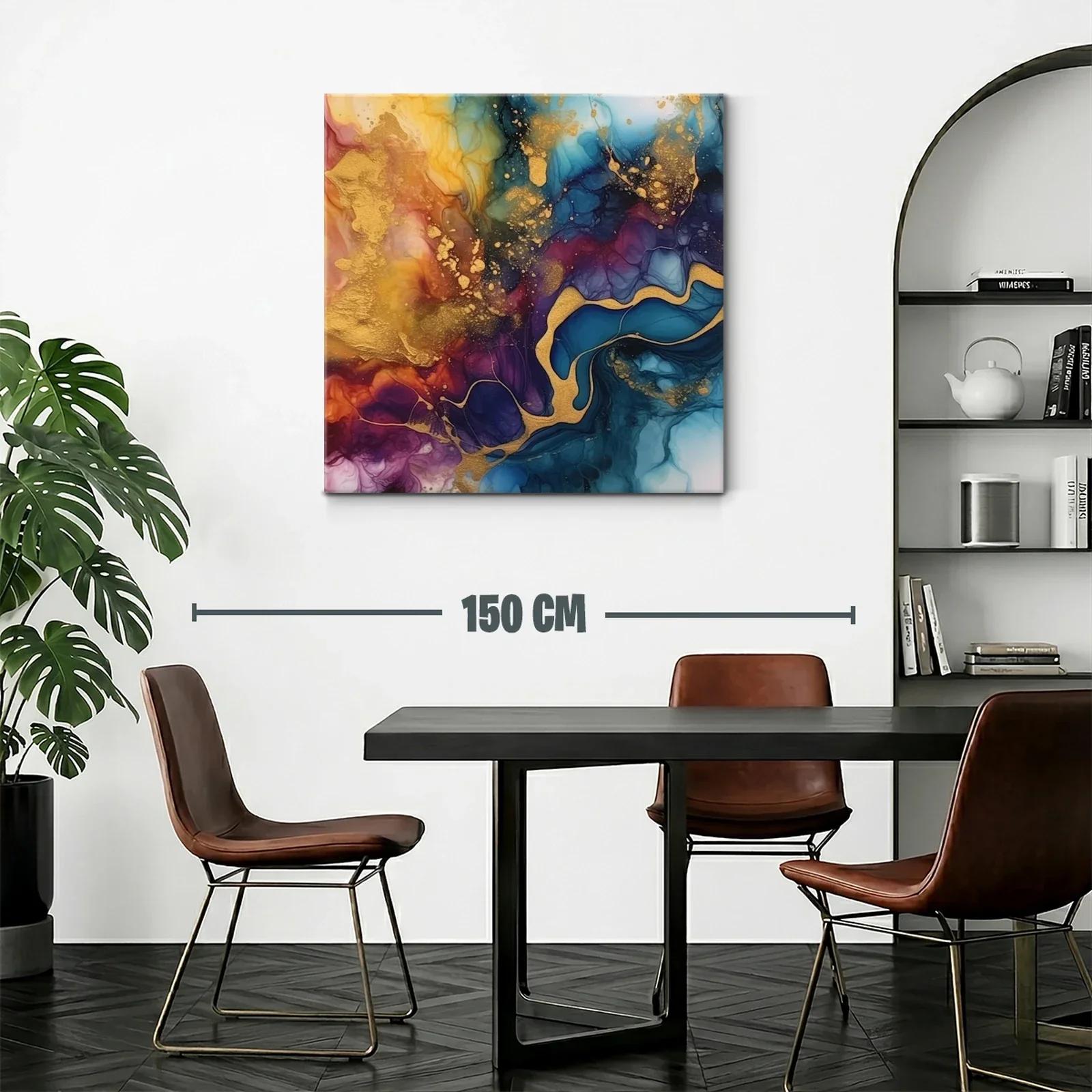 Cuadro abstracto con tonos dorados y azulados vibrantes — miniatura 2