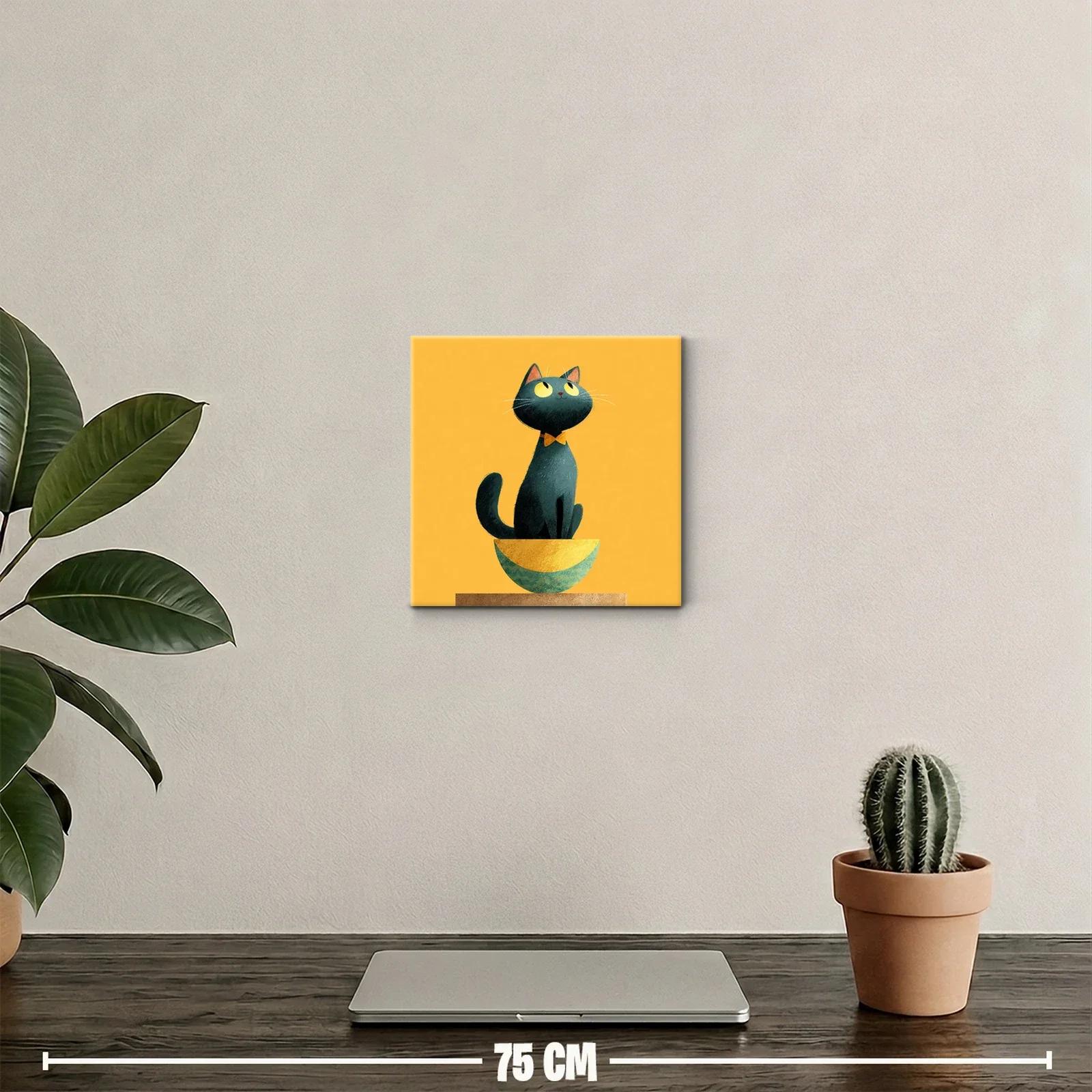 Encantador gato negro en cuenco sobre fondo amarillo vivo — miniatura 2