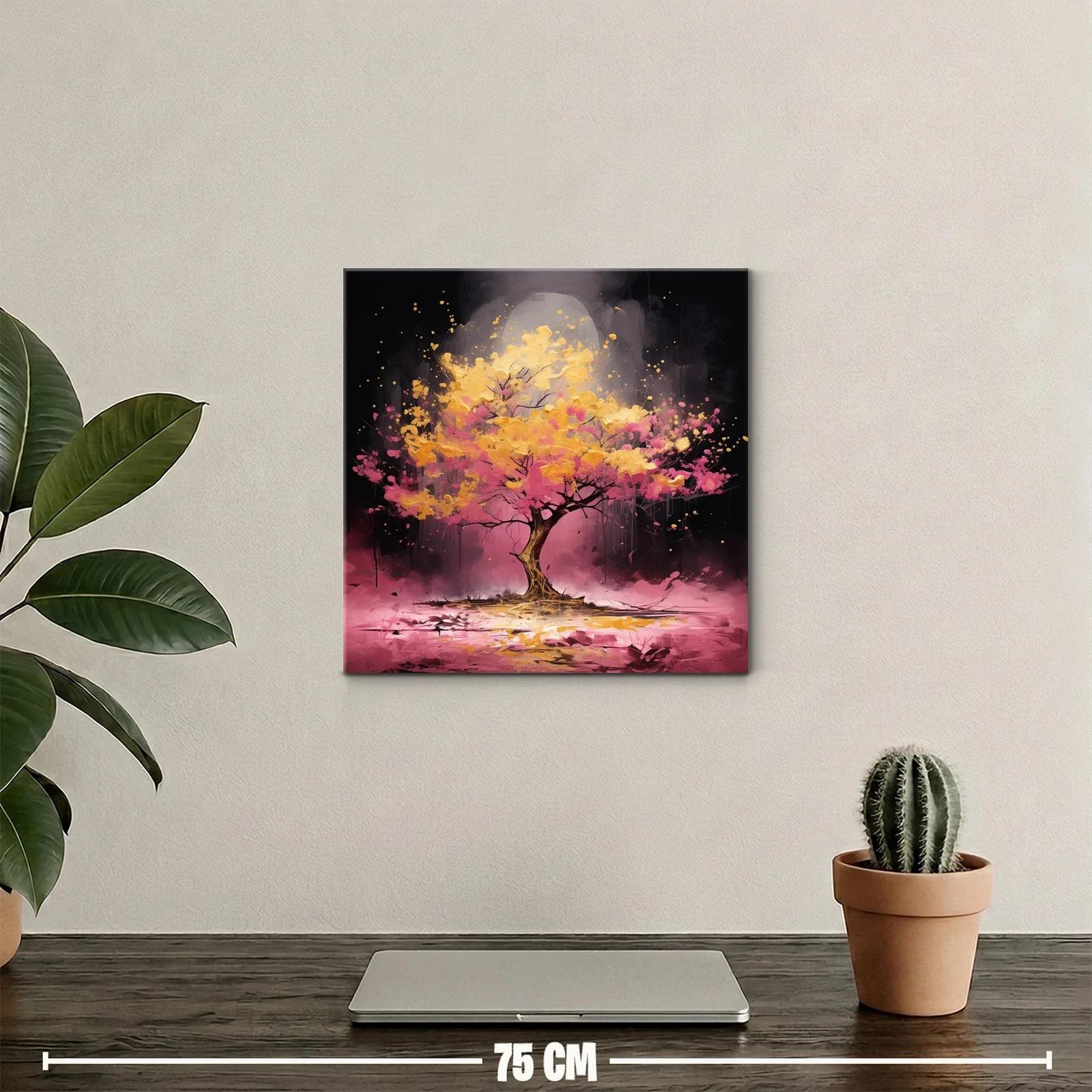 Árbol vibrante con tonos dorados y rosas en fondo oscuro — miniatura 2