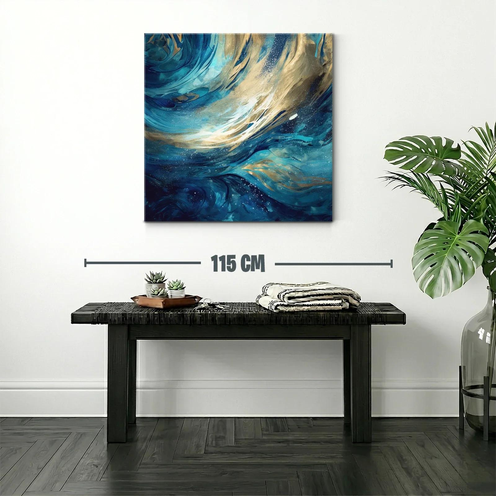 Cuadro abstracto con ondas dinámicas en tonos azul y dorado — miniatura 2