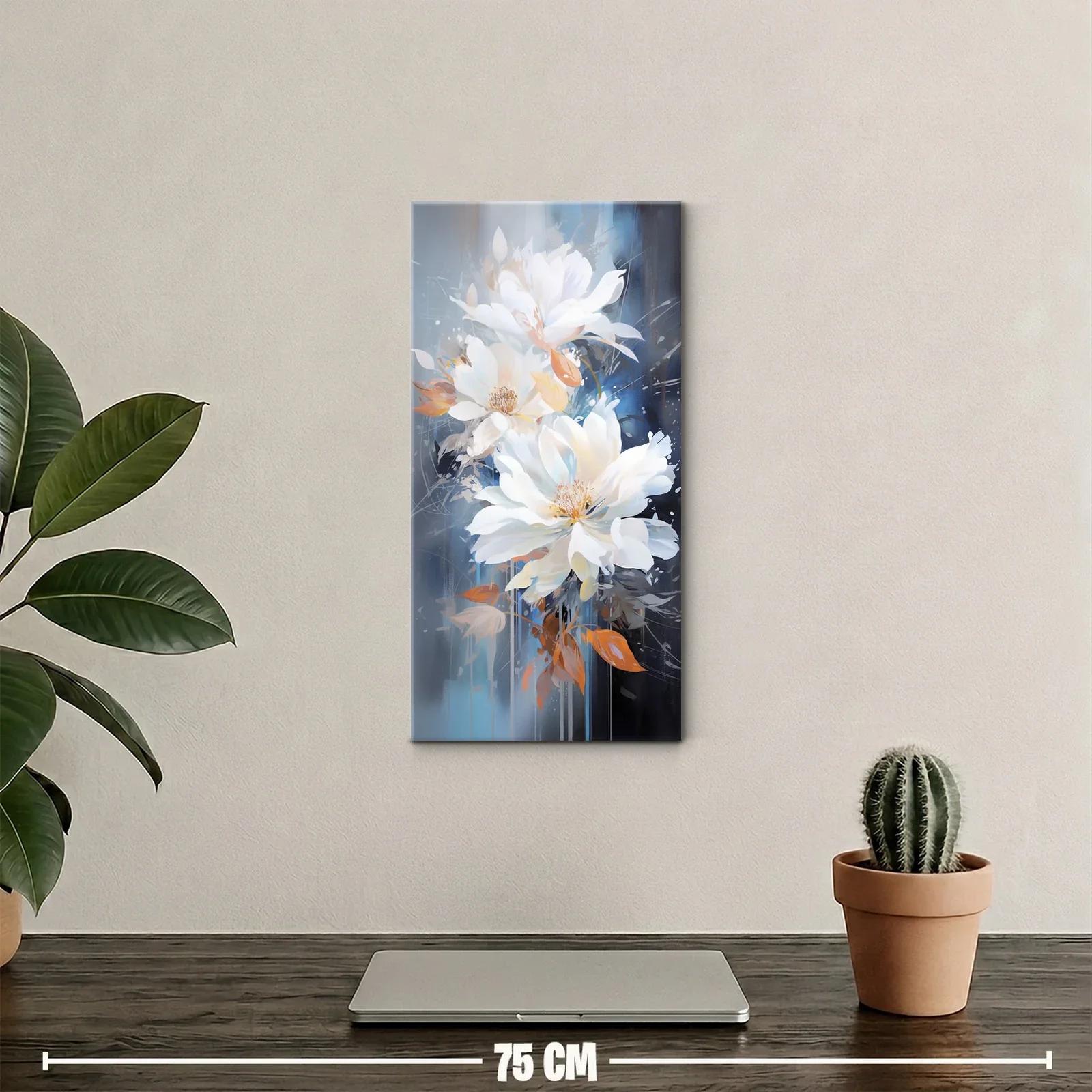 Cuadro peonías blancas con hojas cobrizas y fondo azul grisáceo — miniatura 2