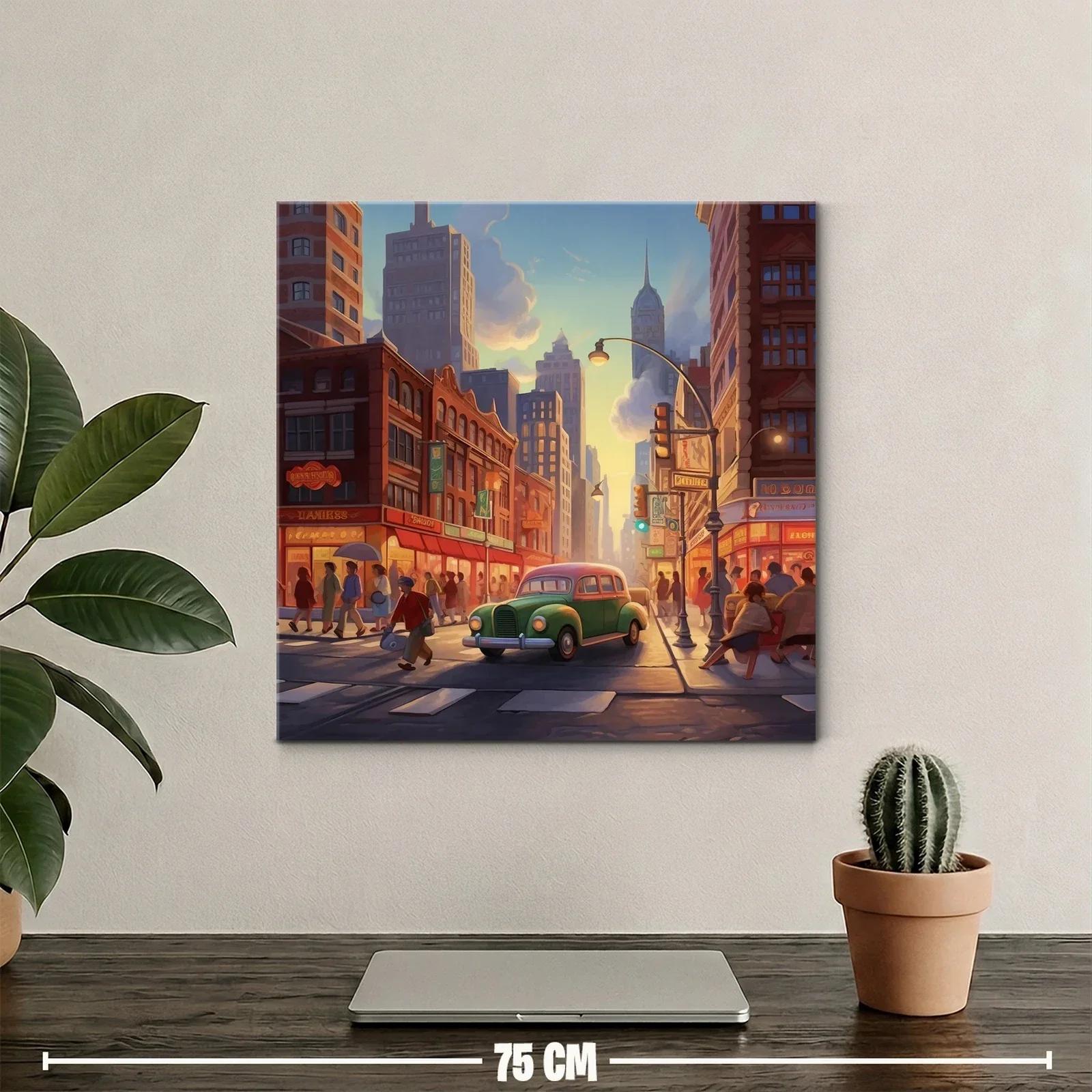 Atardecer urbano con coche clásico en calle concurrida — miniatura 2