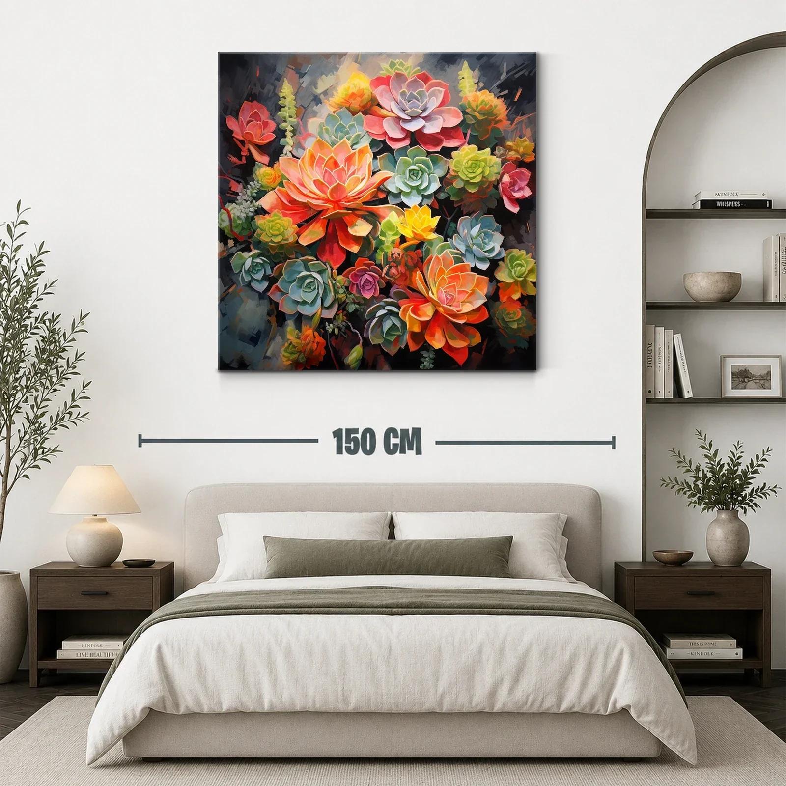 Cuadro floral vibrante con suculentas en tonos cálidos y verdes — miniatura 3