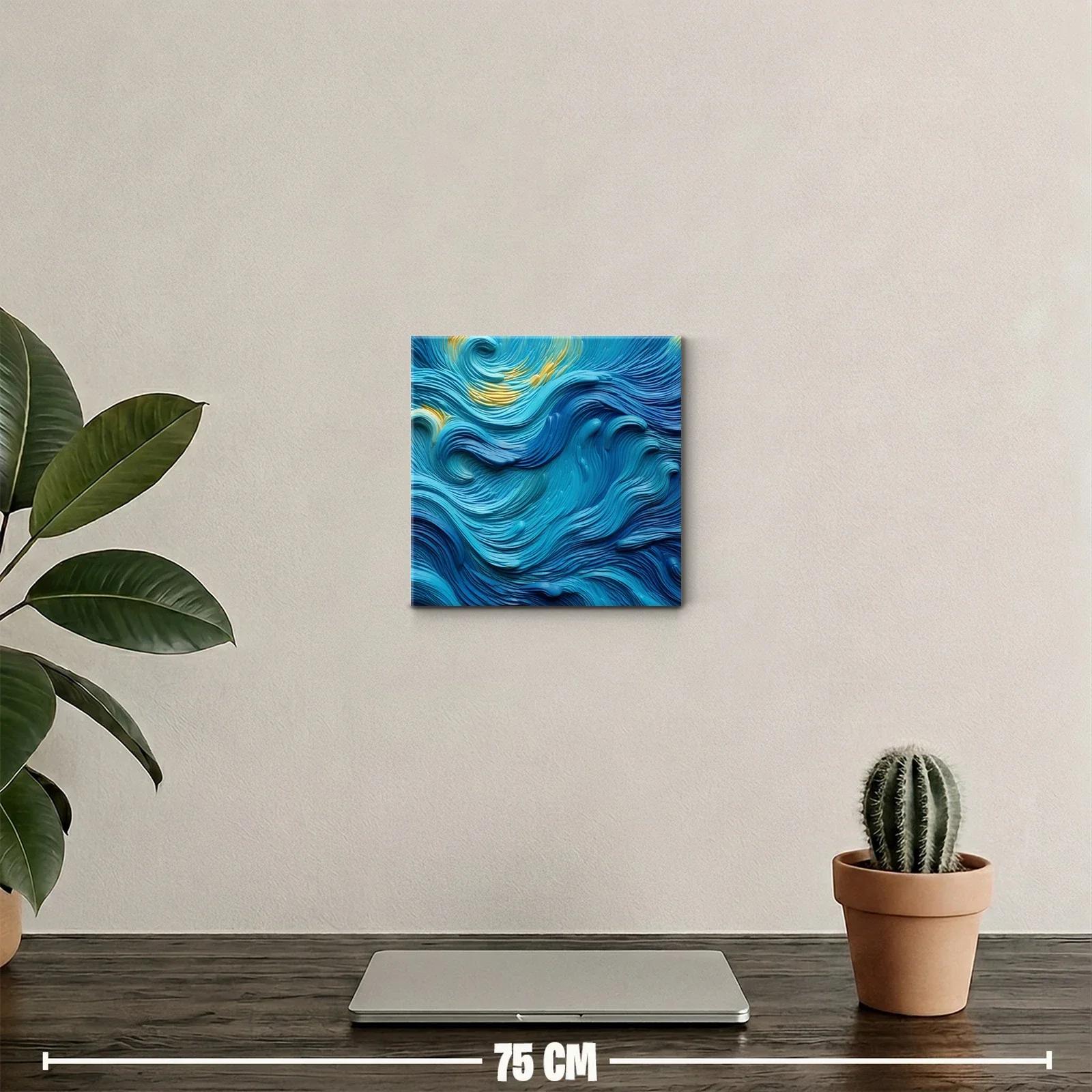 Cuadro abstracto con ondas en tonos azules y toques dorados — miniatura 2