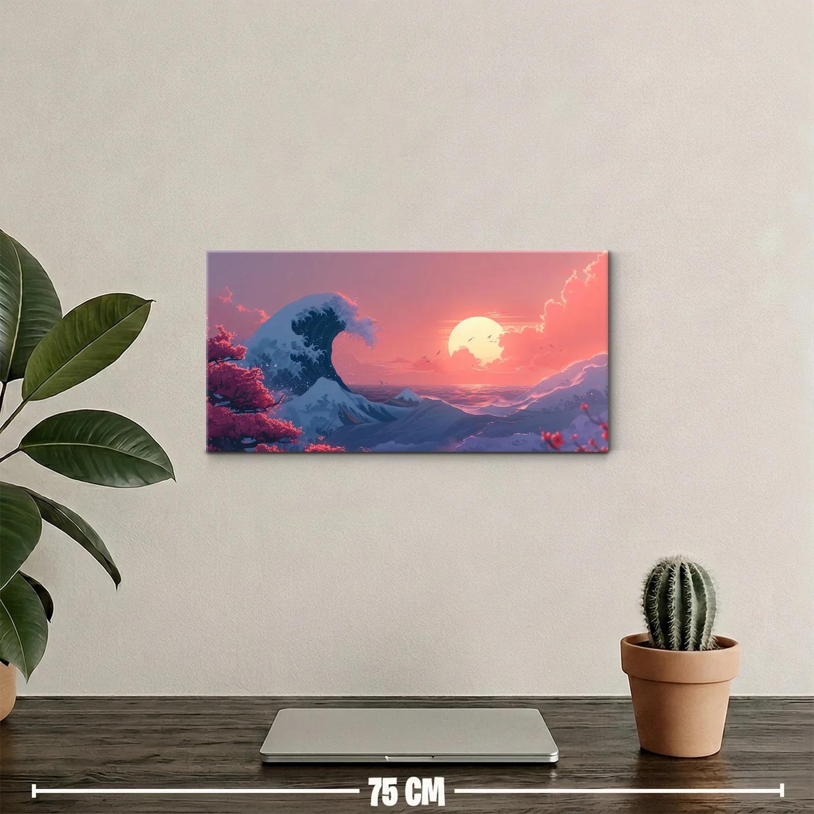 Cuadro gran ola con sol bajo y vegetación rosada — miniatura 2