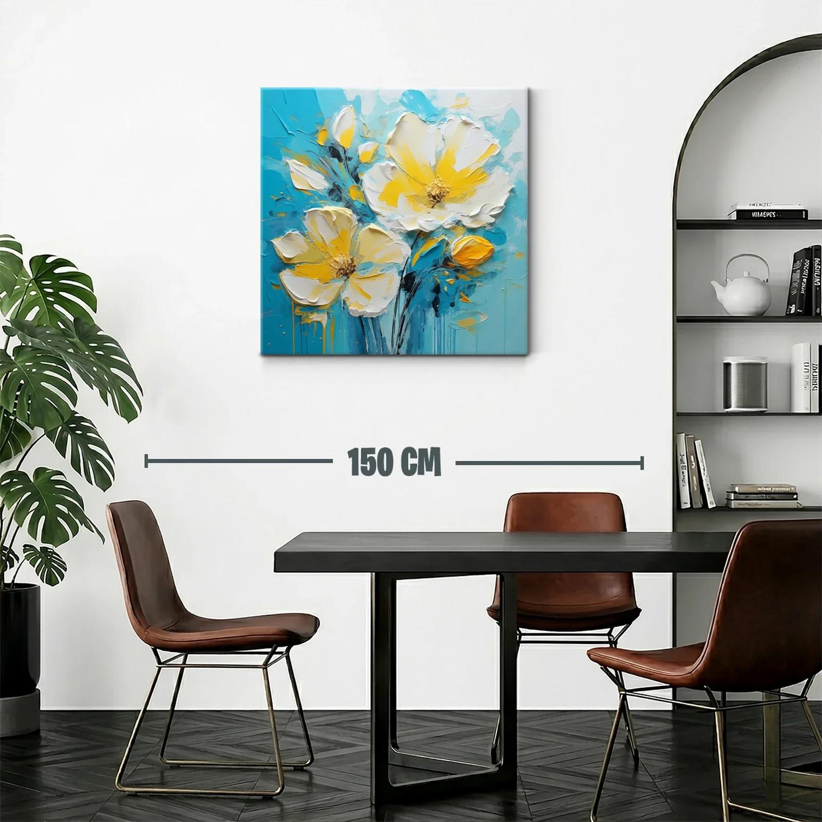 Cuadro floral en tonos amarillos y azul turquesa vibrante — miniatura 2