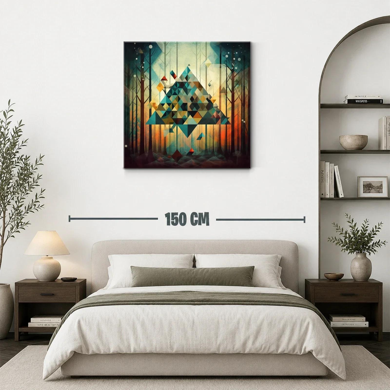 Cuadro geométrico con tonos cálidos y fríos en bosque abstracto — miniatura 3