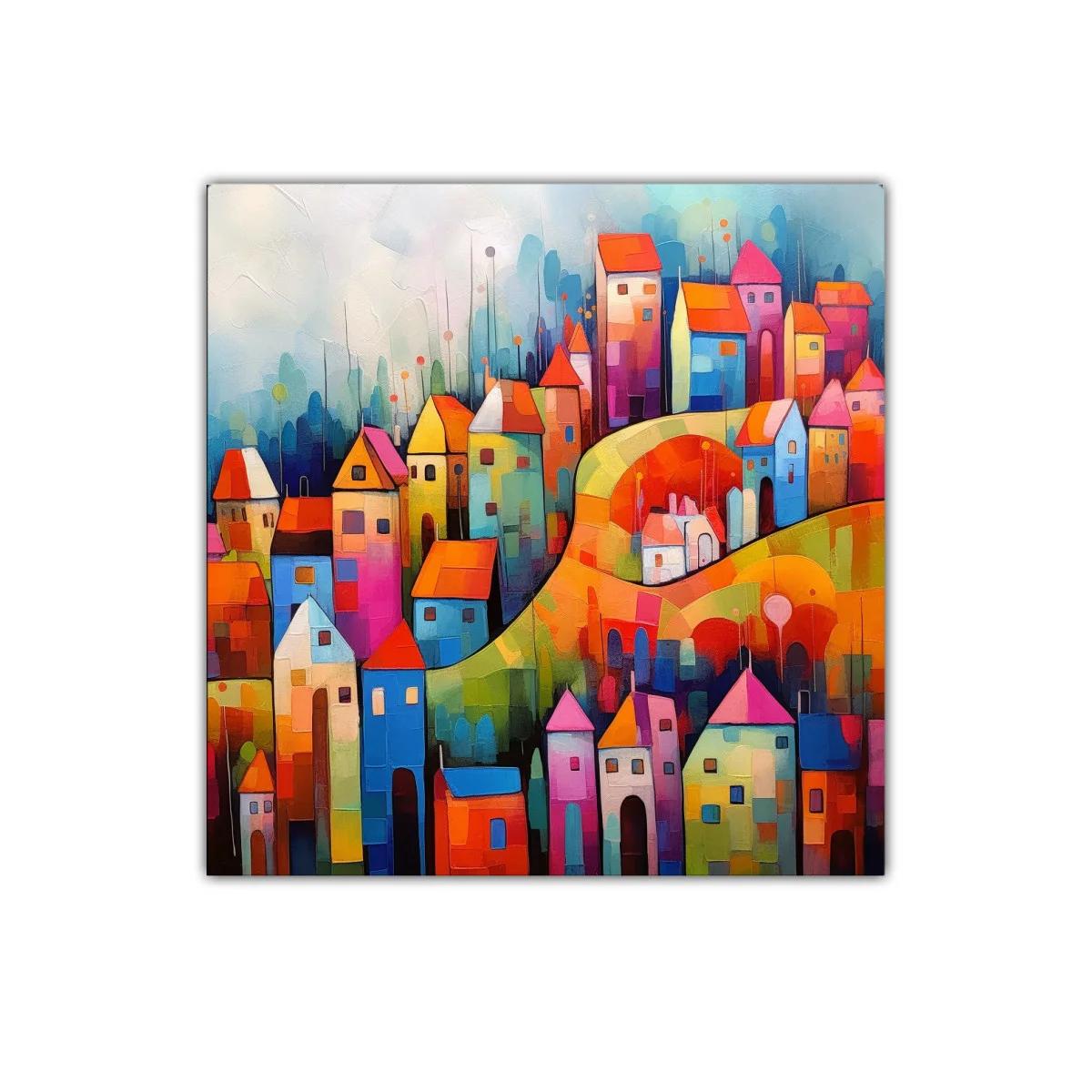 Cuadro colorido con casas vibrantes y puente curvo — miniatura 1