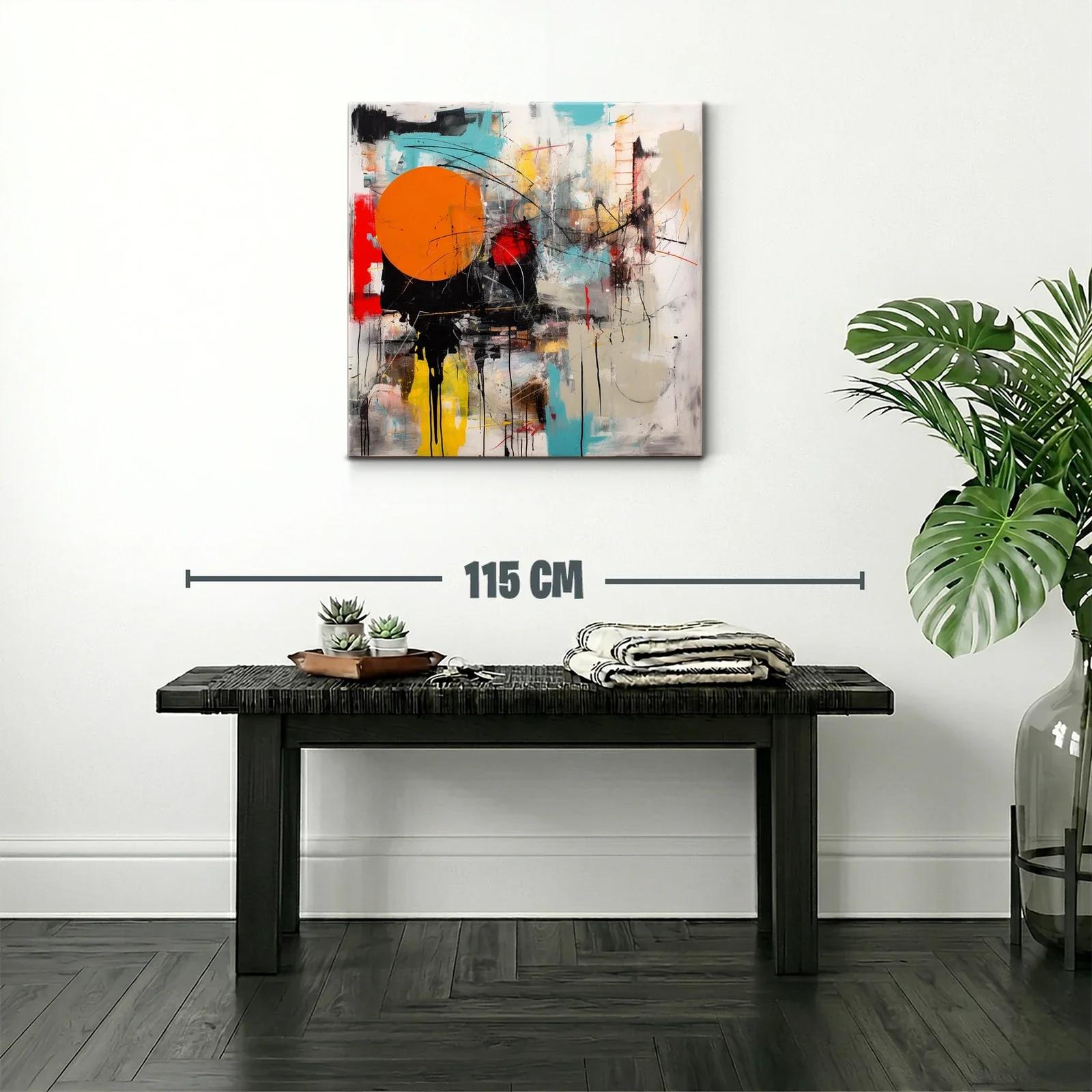 Cuadro abstracto con círculo naranja y trazos dinámicos — miniatura 2