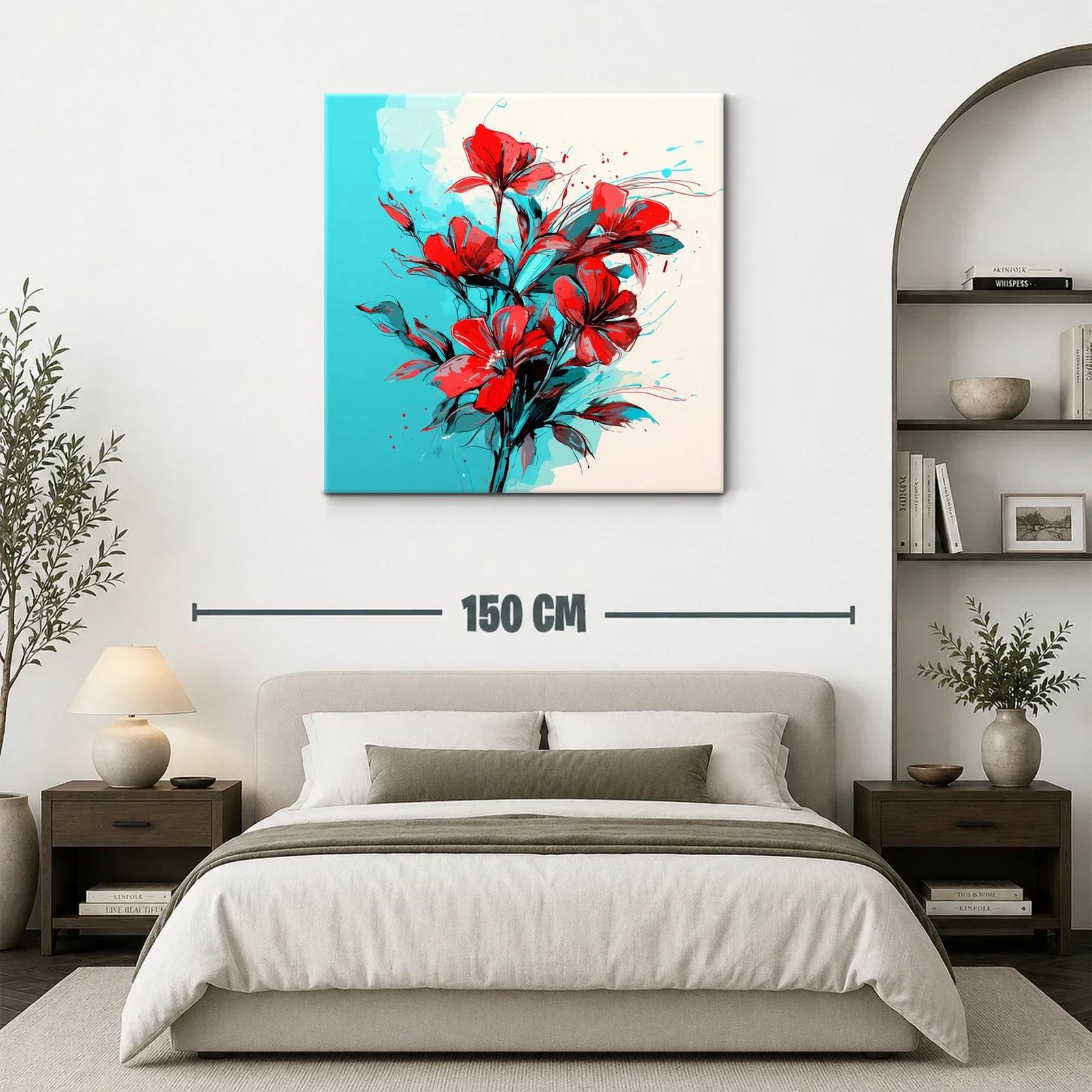 Ramo vibrante de flores rojas sobre fondo azul y beige — miniatura 3