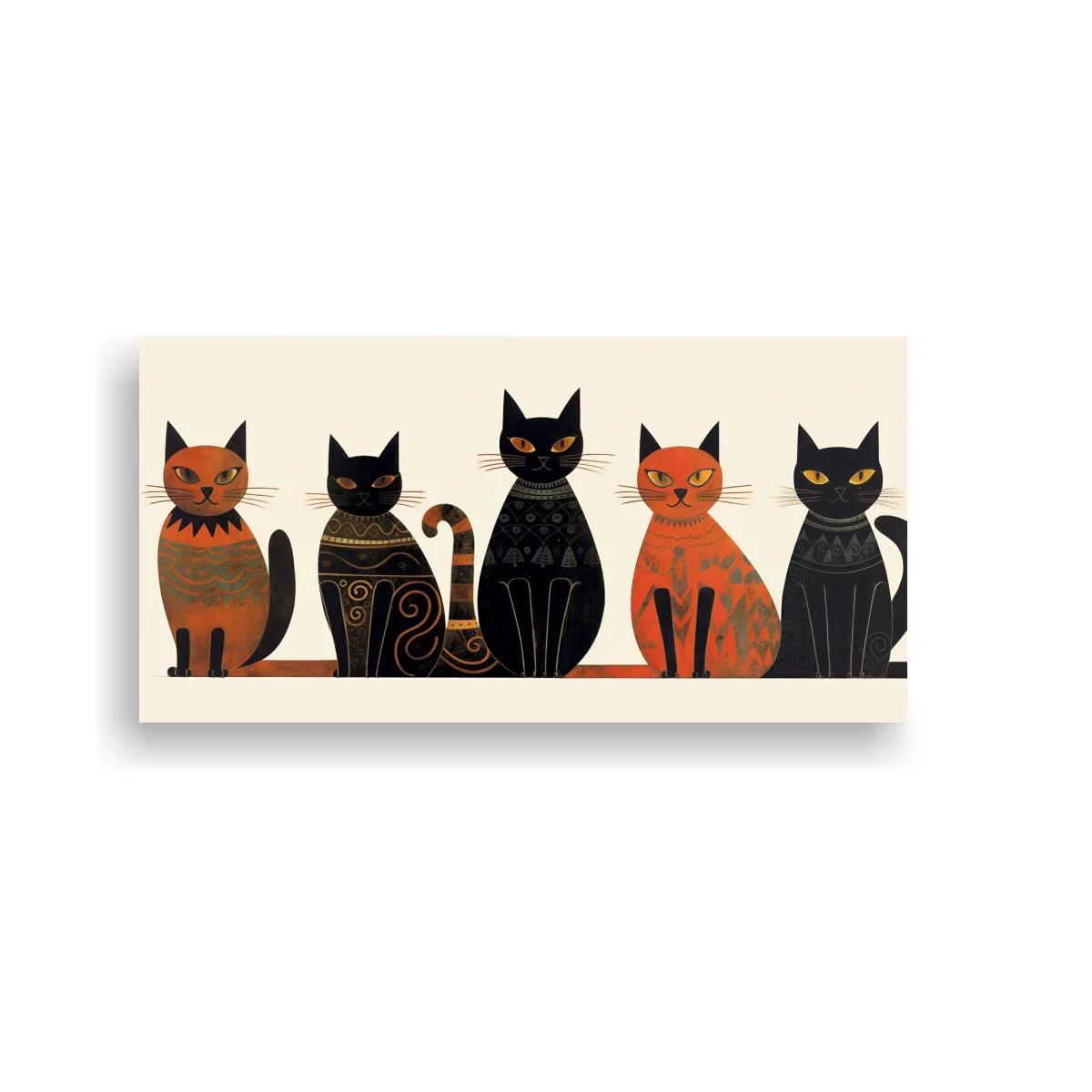 Cuadro cinco gatos alineados con patrones de espirales y rayas — imagen principal