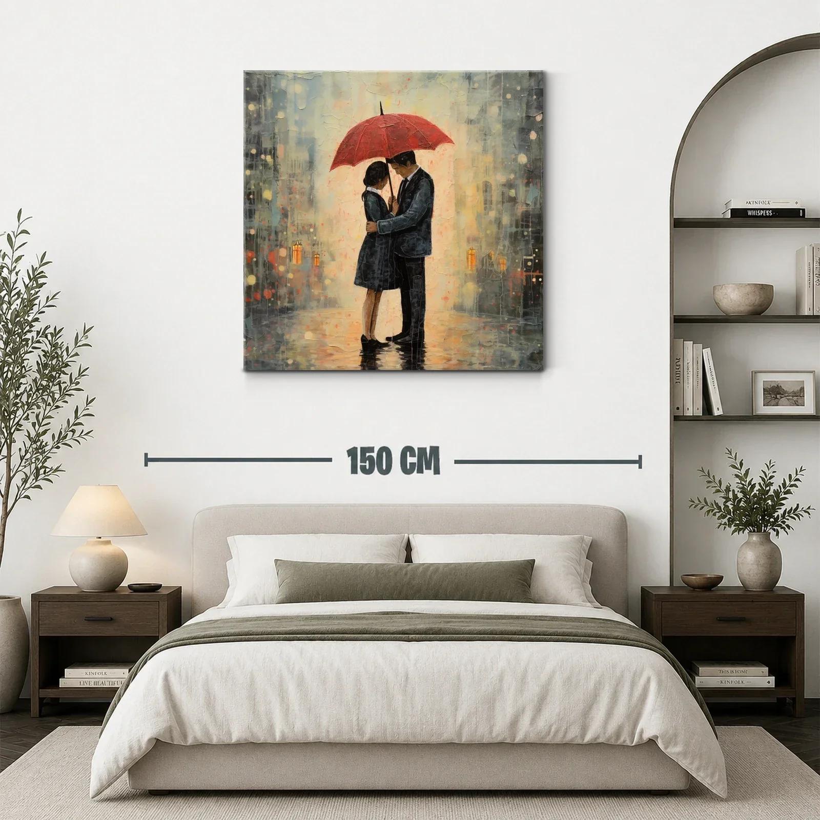 Romántico abrazo bajo un paraguas rojo en la lluvia — miniatura 3