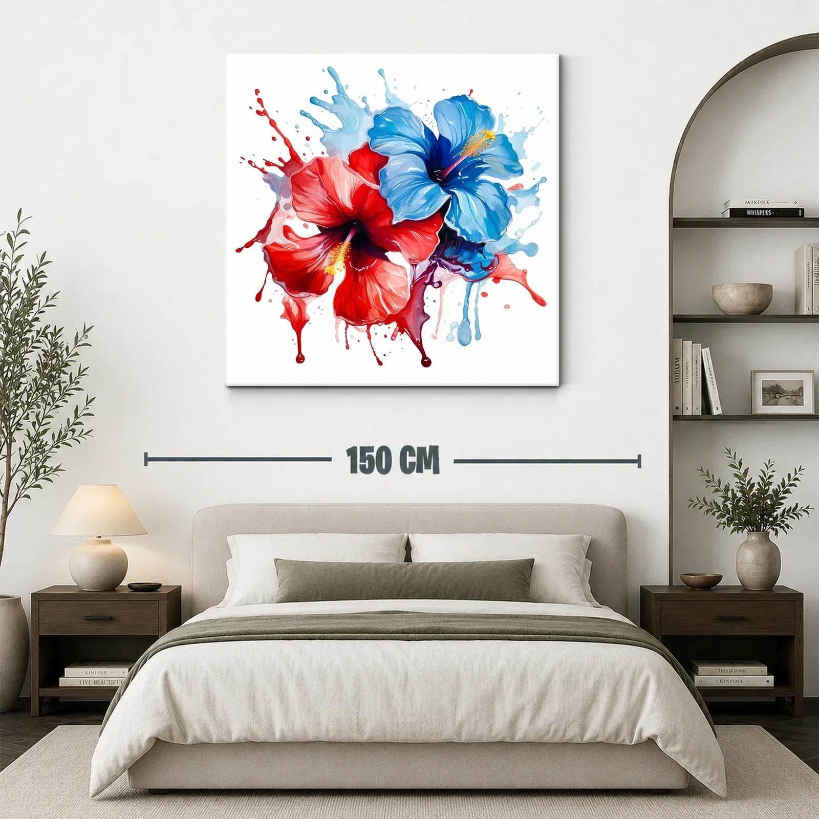 Cuadro moderno de flores hibisco en tonos rojo y azul — miniatura 3