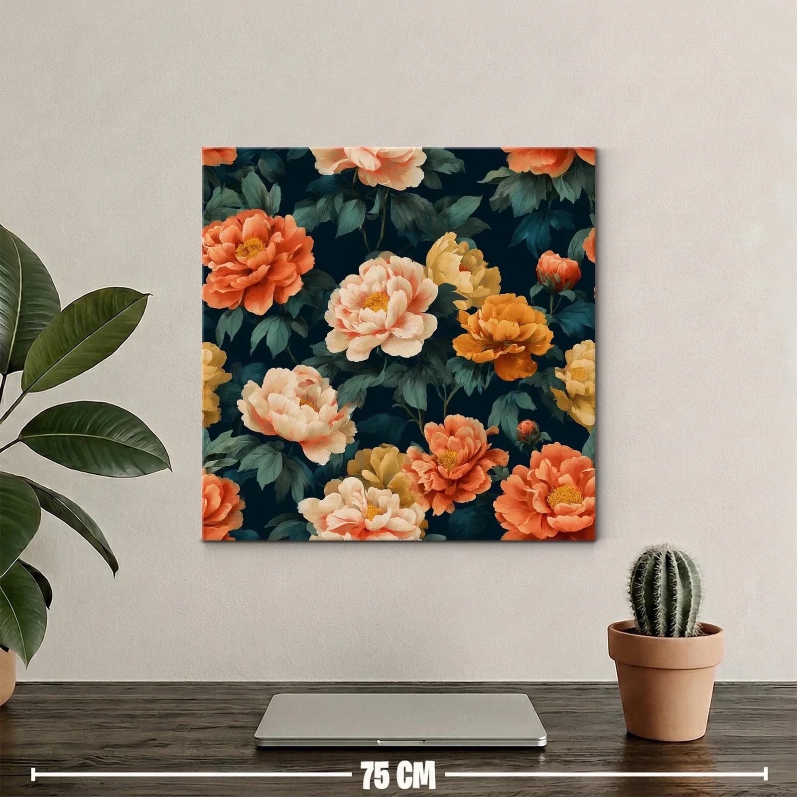 Cuadro floral con peonías en tonos cálidos y fondo oscuro — miniatura 2
