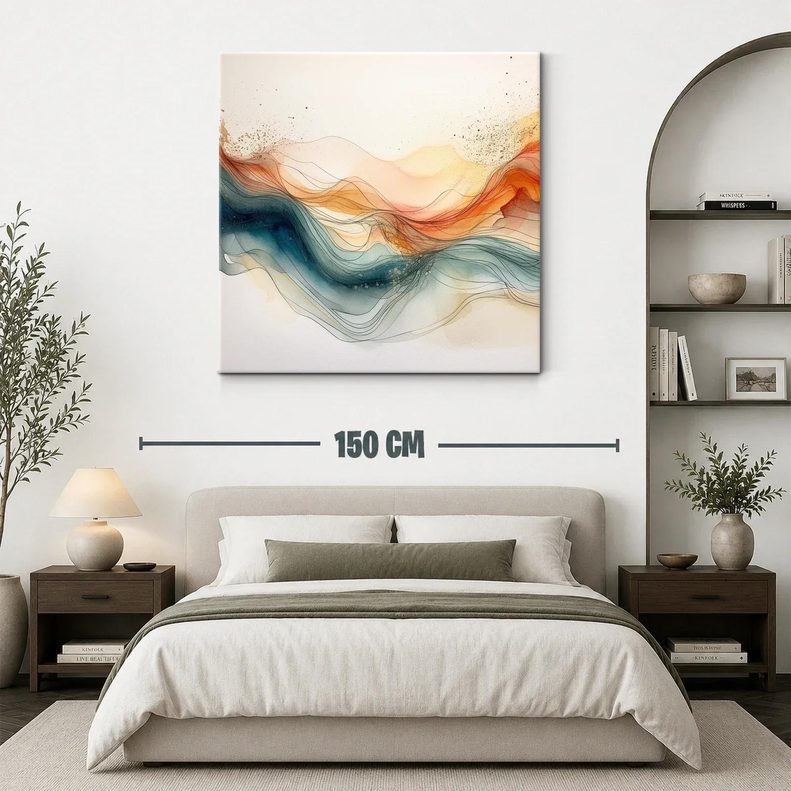 Cuadro abstracto con líneas fluidas y tonos cálidos y fríos — miniatura 3