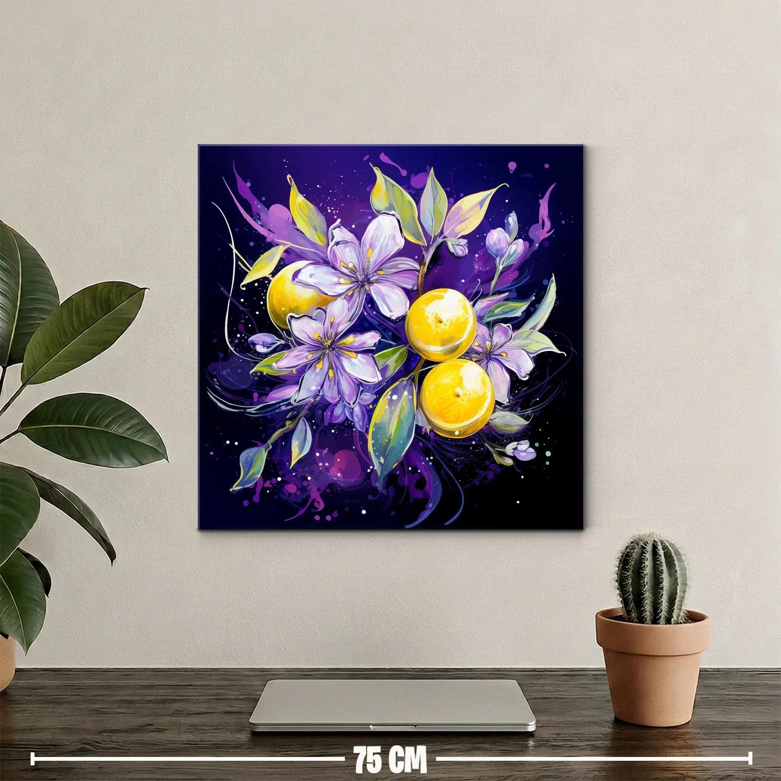 Composición vibrante con flores lilas y frutas amarillas — miniatura 2